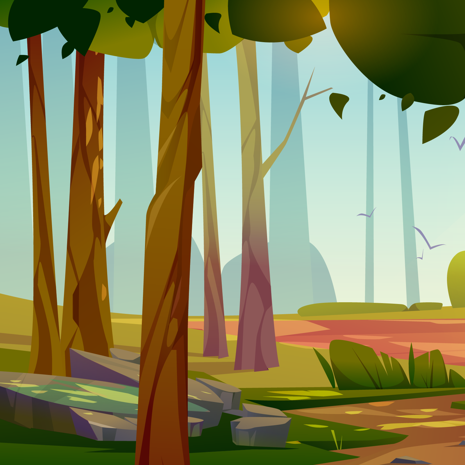 Ilustracja przedstawia las z wysokimi drzewami. Korony liściastych drzew, są oświetlone promienistym słońcem. U podstaw pni drzew, widoczne są płaskie kamienie oraz zielona trawa. 