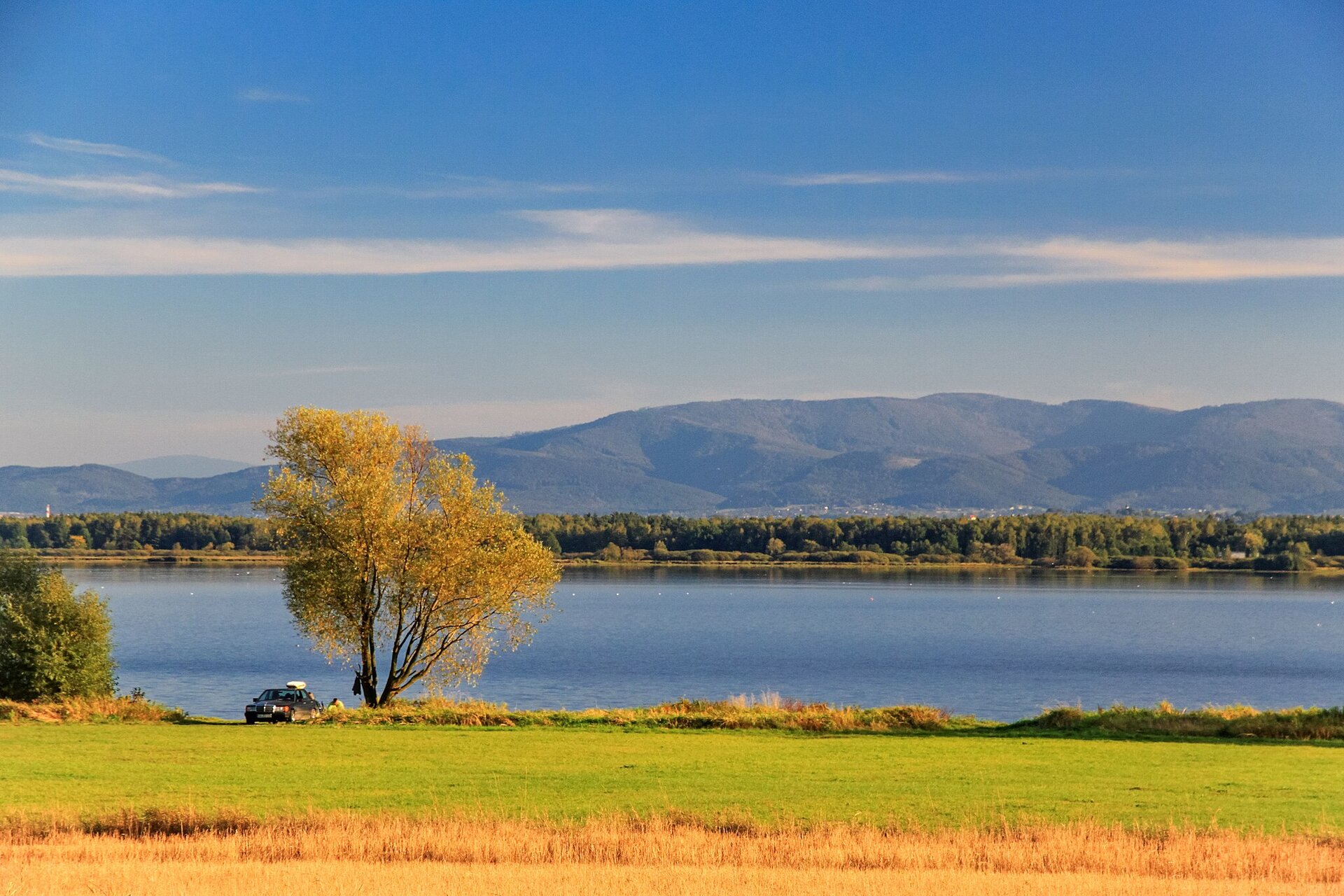 Na zdjęciu na pierwszym planie pole, drzewo, a dalej niewielkie jezioro. Na brzegu w oddali drzewa, a dalej pasmo wzniesień.