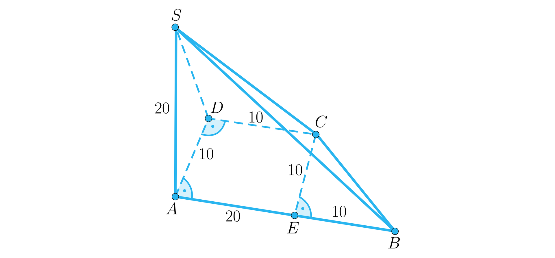 Ilustracja przedstawia ostrosłup, którego podstawą jest trapez prostokątny A B C D. Kąty DAE oraz ADC to kąty proste.  W podstawie zaznaczono jej wysokość opuszczoną z wierzchołka C na podstawę AB, spodek tej wysokości podpisano literą E. Odcinek AE ma długość 20, odcinek EB ma długość 10, krótsza podstawa trapezu CD ma długość dziesięć. Wysokość CE oraz prostopadłe ramię AD mają długość dziesięć. Wierzchołek górny ostrosłupa podpisano  literą  S. Krawędź boczna AS ma długość dwadzieścia.