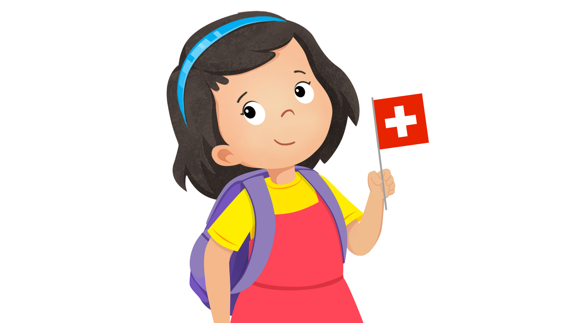 Na ilustracji znajduje się dziewczynka z plecakiem i flagą Szwajcarii.