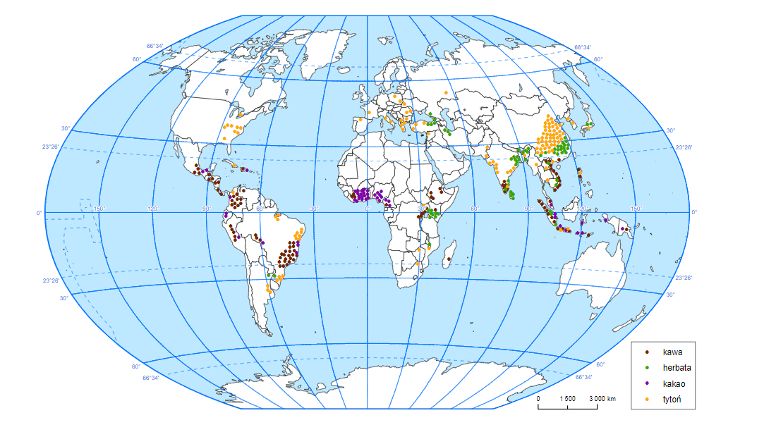 Na mapie świata zaznaczono rozmieszczenie głównych upraw używek. Najwięksi producenci kawy: Brazylia, Wietnam, Kolumbia, Indonezja, Honduras, Etiopia, Peru, Indie, Gwatemala, Uganda. Do największych producentów herbaty zalicza się: Chiny, Indie, Kenię, Sri Lankę, Turcję, Wietnam, Iran, Indonezję, Argentynę, Japonię. Największymi producentami kakao śą: Wybrzeże Kości Słoniowej, Ghana, Togo, Nigeria, Kamerun, a także Ekwador, Peru, Brazylia, Meksyk. Największymi producentami tytoniu są: Chiny, Indie, Jawa, Pakistan, Turcja, Syria, Polska, Ukraina, Rumunia, Bułgaria, Grecja, Włochy, Francja, Hiszpania, Rosja, wschodnia część Stany Zjednoczone (wschodnia część), Kuba, Kolumbia, Brazylia, Argentyna.
