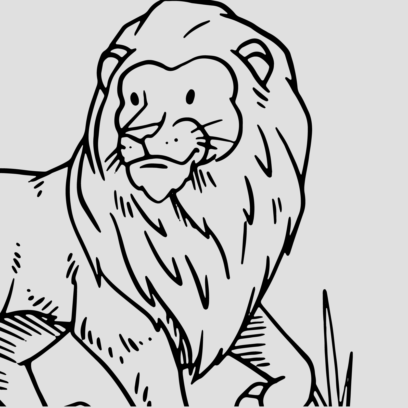 Ilustracja przedstawia czarno‑biały szkic lwa.