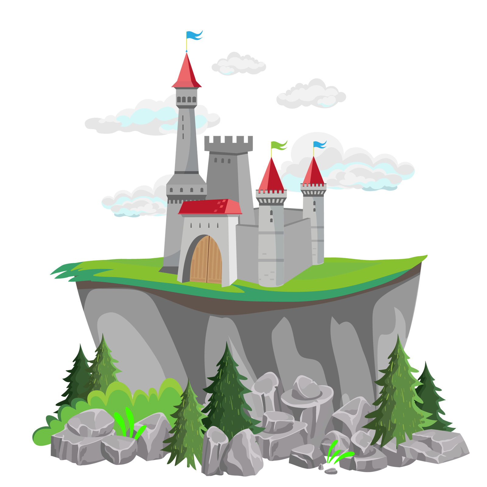 Ilustracja przedstawia duży szary zamek stojący na fragmencie lądu. Na każdej z trzech wież zamku widać po jednej niewielkiej fladze – dwie są niebieskie, jedna jest zielona. Wejście stanowią duże brązowe drzwi, a dachy są czerwone. Dookoła zamku rośnie zielona trawa. W pewnej odległości od budowli z każdej strony jest przepaść. Poniżej leży dużo szarych kamieni, rosną tam także pojedyncze drzewa iglaste i zielone krzewy. W tle ilustracji widać kilka jasnych chmur.