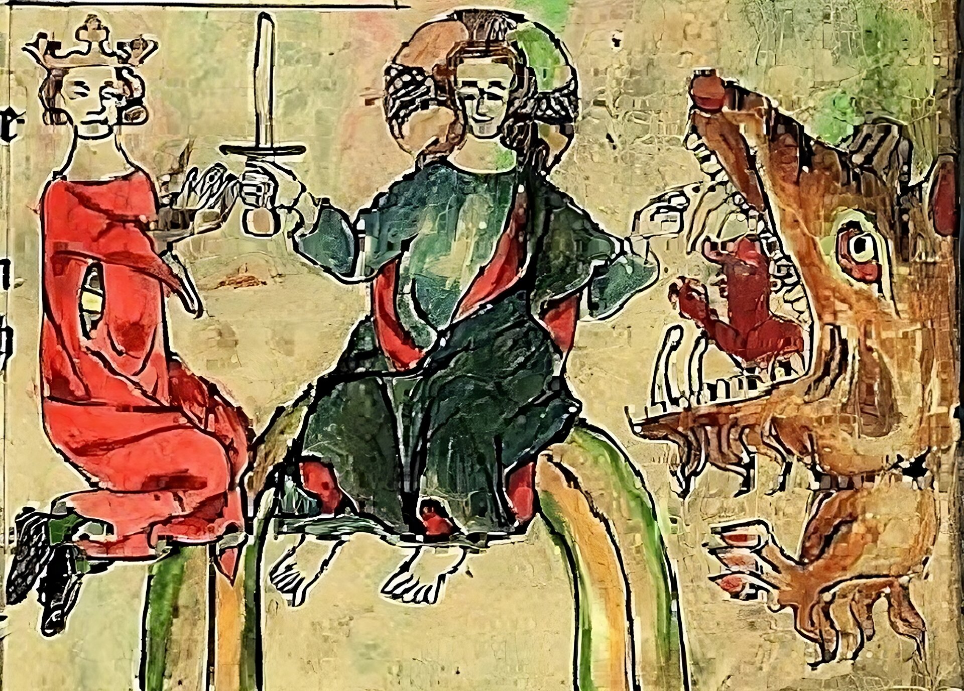  Ilustracja przedstawia Chrystusa siedzącego na tęczy, przed którym po lewej stronie klęczy władca w koronie na głowie, a po prawej potwór zjadający człowieka. Chrystus w prawej ręce trzyma miecz, który przekazuje władcy, lewą wskazuje na potwora, dając władcy pozwolenie na jego zgładzenie.