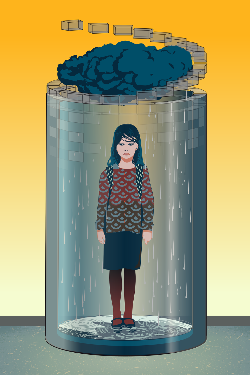 Obrazek przedstawia dziewczynkę ze smutną miną. Dziewczynka nosi ciemne ubrania. Otacza ją wysoki, szklany mur, a nad jej głową znajduje się burzowa chmura, z której pada deszcz. 