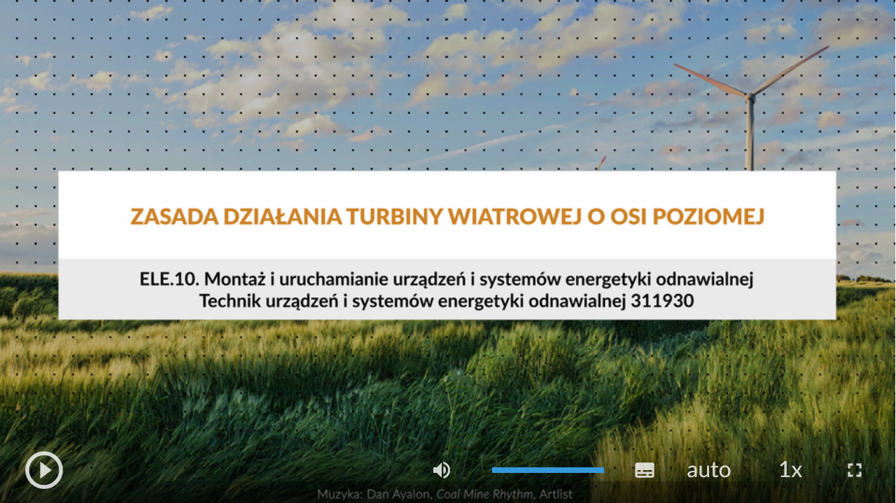 Ilustracja przedstawia wygląd ekranu odtwarzania animacji. Na środku znajduje się plansza z tytułem: Zasada działania turbiny wiatrowej o osi poziomej. W jego dolnej części znajdują się ikony z różnymi opcjami. W dolnym lewym rogu widać ikonę trójkąta w kółku. Jest to ikona włączania odtwarzania filmu. Kolejna ikona znajduje się dopiero w połowie ekranu dolnego paska. Jest to ikona megafonu. Obok niej widać niebieski pasek, który oznacza poziom głośności. Obok znajduje się ikona człowieka, od którego głowy odchodzą dwie fale. Umożliwia ona włączanie alternatywnej ścieżki dźwiękowej. Dalej znajduje się mały biały prostokąt z czarnymi paskami w jego dolnej części. Pozwala ona na włączenie napisów. Kolejna ikona to napis auto, która umożliwia wybranie jakości filmu. Obok niej widać ikonę jedynki z iksem. Po kliknięciu na nią można wybrać szybkość odtwarzania animacji. Ostatnia ikona to kreski tworzące kwadrat. Kreski te tworzą jedynie krawędzie kwadratu. Jest to opcja włączania trybu pełnoekranowego.