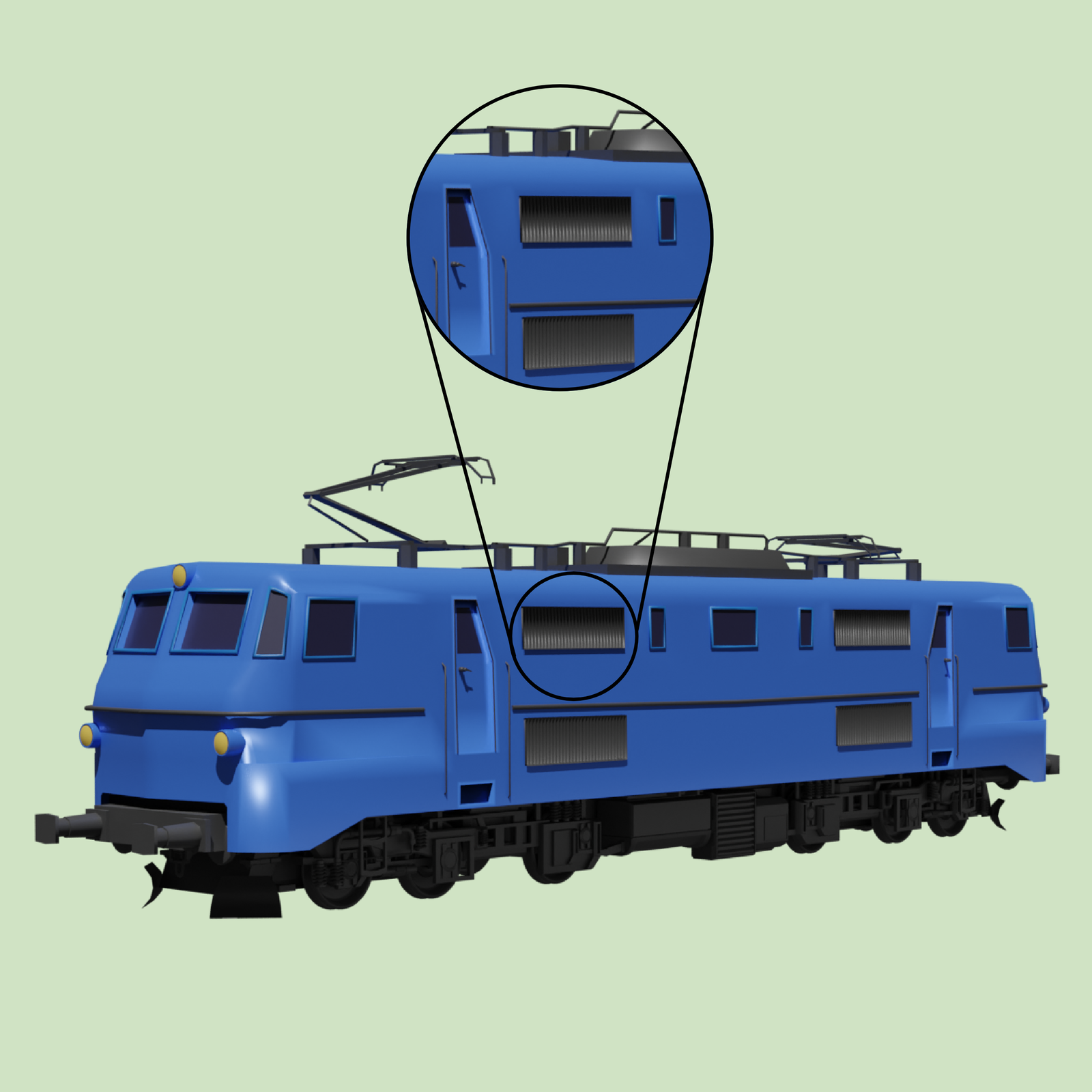 Grafika przedstawia lokomotywę elektryczną. Na jej boku zaznaczone są kratki. Powiększenie tych kratek znajduje się wyżej i pokazuje w przybliżeniu żaluzje nawiewowe.