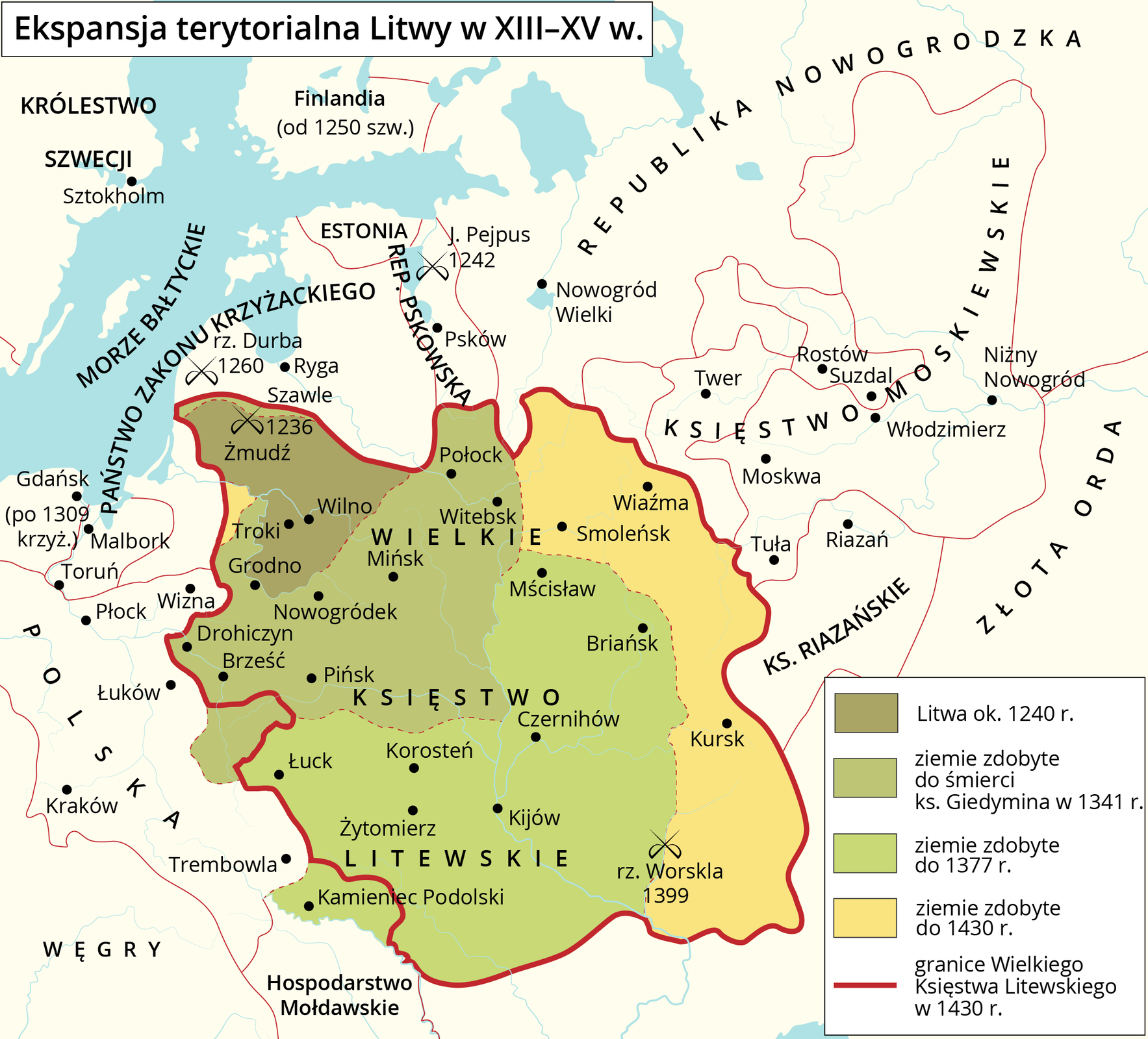 Mapa przedstawia ekspansję terytorialną Litwy w 13–15 wieku. Granice Wielkiego Księstwa Litewskiego w 1430 roku przebiegają wzdłuż miast: Żmudź, Troki, Drohiczyn, Brześć, Łuck, Żytomierz, Kursk, Wiaźma. Teren przy granicy na północnym‑zachodzie Księstwa to Litwa około 1240 roku. Należą do niej: Żmudź, Wilno, Troki. Tereny na północnym‑zachodzie, ale bliżej środkowej części Wielkiego Księstwa Litewskiego to ziemie zdobyte do śmierci księdza Giedymina w 1341 roku. Należą do nich: Drohiczyn, Brześć, Nowogródek, Pińsk, Połock, Witebsk. Południowo‑zachodnia część Księstwa, to ziemie zdobyte do 1377 roku. Należą do nich miasta: Mścisław, Briańsk, Czernichów, Kijów, Korosteń, Żytomierz. Wzdłuż wschodniej granicy są ziemie zdobyte do 1430 roku. Należą do nich miasta: Smoleńsk, Kursk, Wiaźma. Na mapie zaznaczono również Państwo Zakonu krzyżackiego, Polskę, Węgry, Księstwo Moskiewskie, Księstwo Riazańskie, Republikę Nowogrodzką.