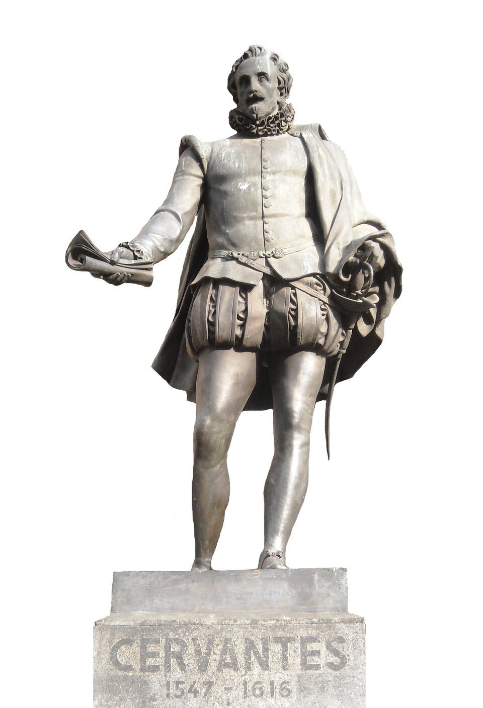 Na ilustracji znajduje się pomnik Miguela de Cervantesa Saavedry, który trzyma w ręku rulon papieru. Mężczyzna w sile wieku ma krótkie kręcone włosy zaczesane do tyłu, wąsy oraz hiszpańską bródkę. Nosi obcisły kaftan, u szyi ma kryzę, okrągły plisowany kołnierz. Spodnie sięgają do połowy uda, są krótkie i bufiaste. Na ramionach ma sięgającą do połowy uda pelerynę. U lewego boku ma zawieszoną szpadę. Postać jest umieszczona na cokole, na którym znajduje się napis: Cervantes 1547‑1616.