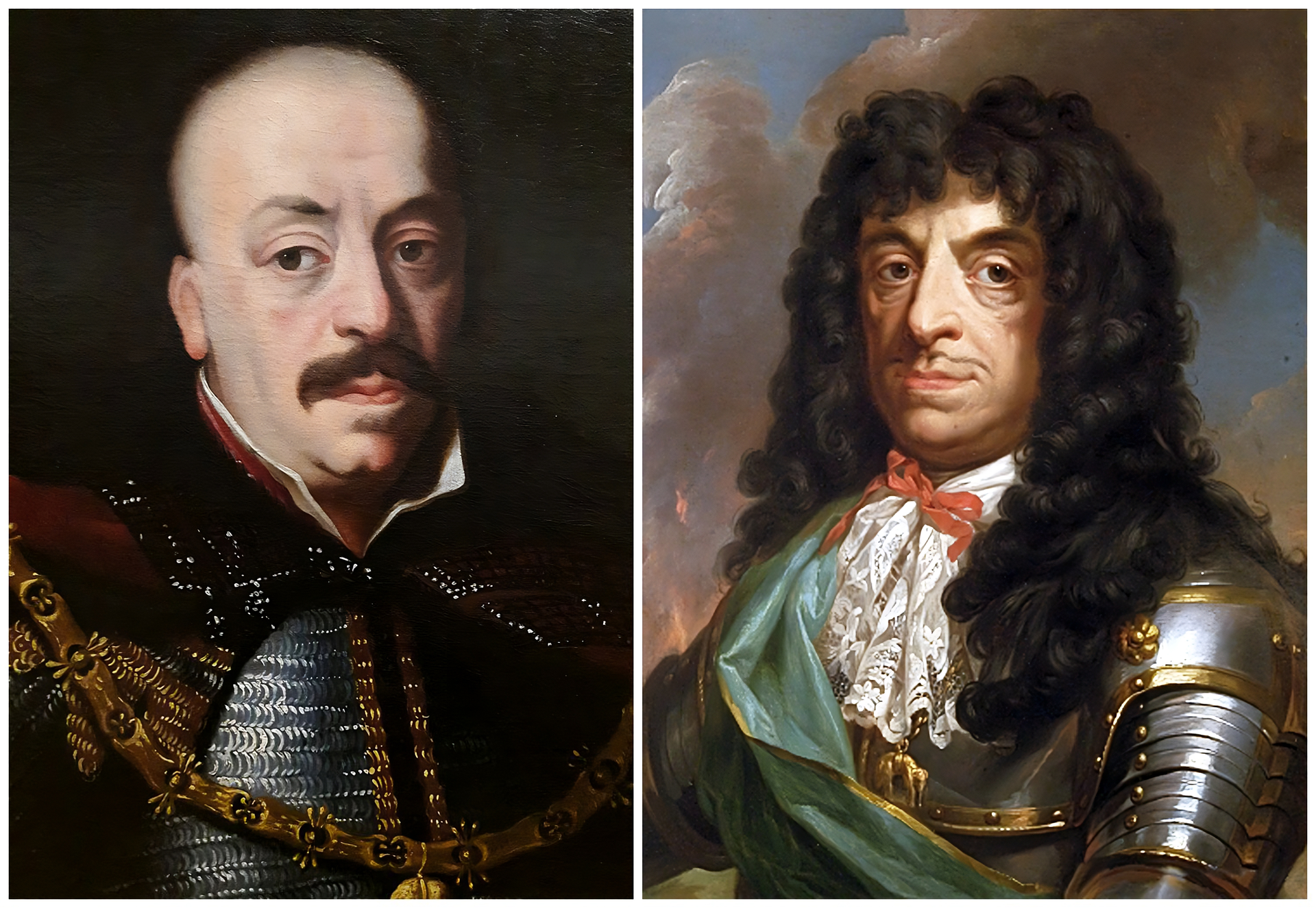 Ilustracja składa się z dwóch obrazów. Na lewo sylwetka króla Jana II Kazimierza w zbroi wykonanej z gęstej plecionki stalowych kółek na wzór wschodni oraz w narzuconym na nią płaszczu i złotym łańcuchu. Król jest łysy i ma wąs w stylu polskim. Na prawo portret króla Jana II Kazimierza ucharakteryzowanego w stylu francuskim, w peruce i w zbroi płytowej ozdobionej koronkowym żabotem, szarfą i wstążką.