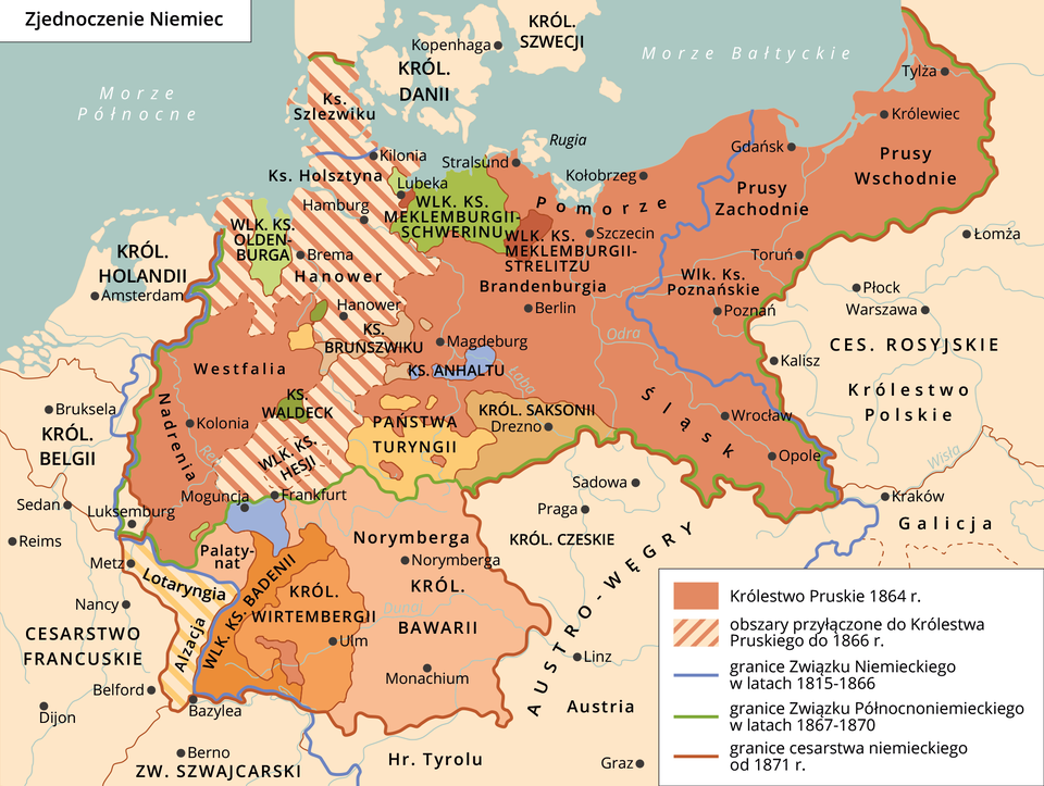 Mapa przedstawia Zjednoczenie Niemiec. W 1864 roku Królestwo Pruskie kontrolowało obszar Śląska, Wielkopolski, Pomorza, Prus Wschodnich i Zachodnich, Brandenburgii, Westfalii i Nadrenii.  Do 1866 roku do Prus przyłączono Księstwo Szlezwiku, Księstwo Holszyna, Hanower, Wielkie księstwo Hesji i inne obszary centralnych Niemiec. Związek Niemiecki, który funkcjonował od 1815 do 1866 roku zajmował obszar całych centralnych Niemiec, Śląska, Pomorza, Luksemburga, południowej Holandii, Czech, Moraw i Austrii.    Związek Północnoniemiecki, który funkcjonował od 1867 do 1870 roku zajmował obszar Królestwa Prus, wielkiego Księstwa Meklemburgii‑strelitzu, Królestwa Saksonii, Państwa Turyngii, Księstwa Brunszwiku, Księstwa Anhaltu, Wielkiego Księstwa Oldenburga, Księstwa Waldeck oraz innych obszarów północnych Niemiec. Cesarstwo Niemieckie utworzone w 1871 roku zajmowało obszar całego związku północnoniemieckiego, Królestwa Bawarii, Palatynatu, wielkiego Księstwa Badenii, Królestwa Wirtembergii, Lotaryngii, Alzacji oraz innych obszarów południowych Niemiec. 