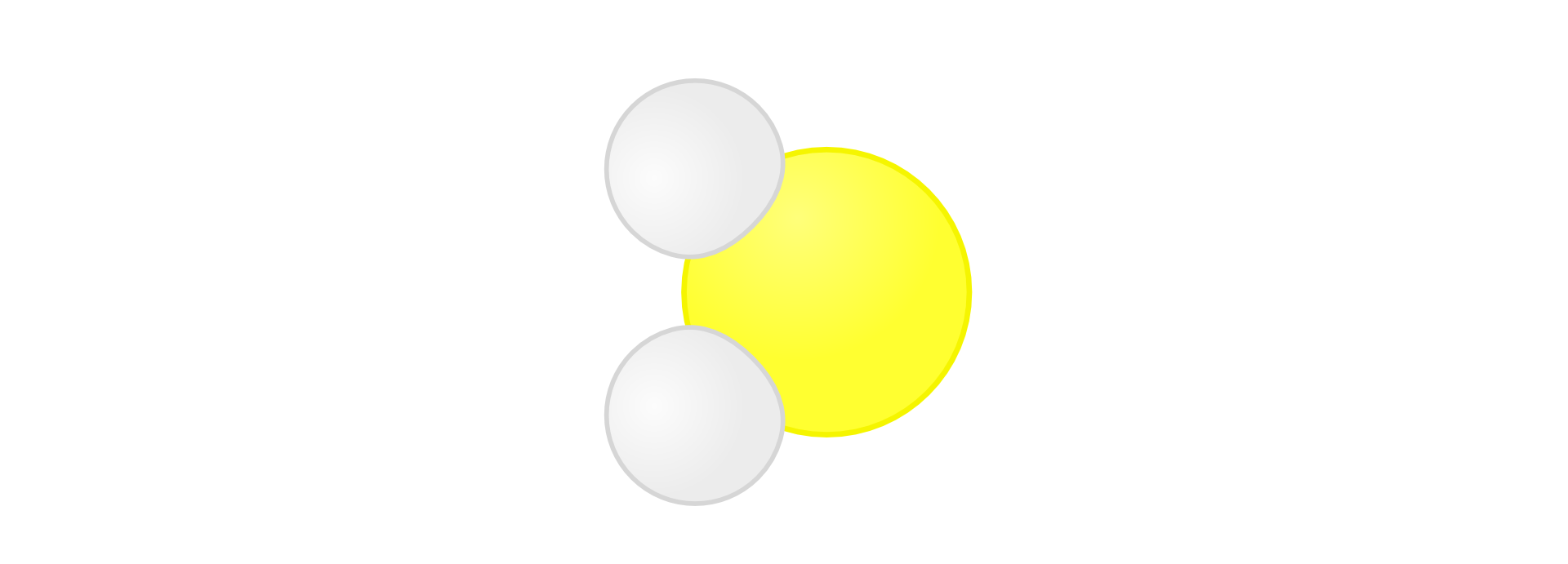 Ilustracja przedstawia model cząsteczki siarkowodoru składającej się z dwóch atomów wodoru symbolizowanych małymi białymi kołami ustawionymi jedno nad drugim po lewej stronie obrazka oraz połączonego z nimi atomu siarki symbolizowanego większym żółtym kołem ustawionego po ich prawej stronie pomiędzy nimi. Cały rysunek przypomina model cząsteczki wody, w której atom tlenu zastąpiono atomem siarki.