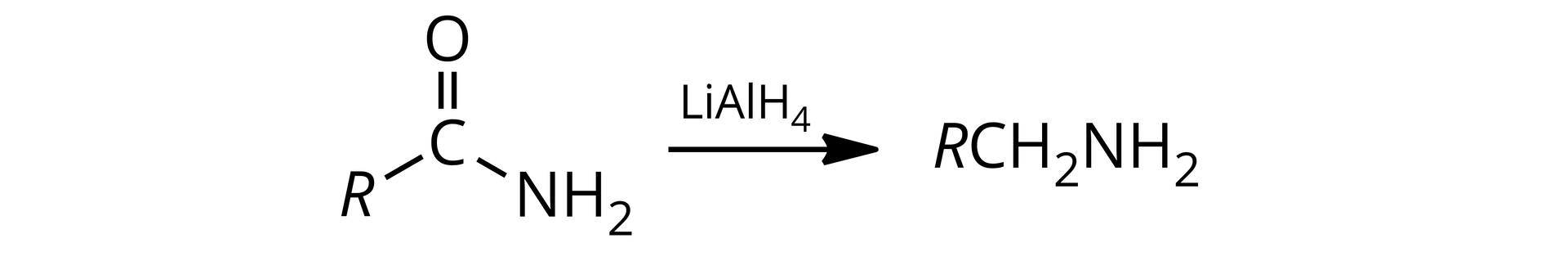 Ilustracja przedstawiająca równanie reakcji chemicznej. Cząsteczka amidu o wzorze ogólnych zbudowanym następująco. Atom węgla połączony za pomocą wiązania podwójnego z atomem tlenu oraz za pomocą wiązań pojedynczych z grupą NH2 oraz z podstawnikiem <mathR. Strzałka w prawo, nad strzałką tetrahydroglinian litu o wzorze sumarycznym LiAlH4. Za strzałką cząsteczka aminy zbudowana z podstawnika R związanego z grupą CH2, która to łączy się z grupą aminową NH2.