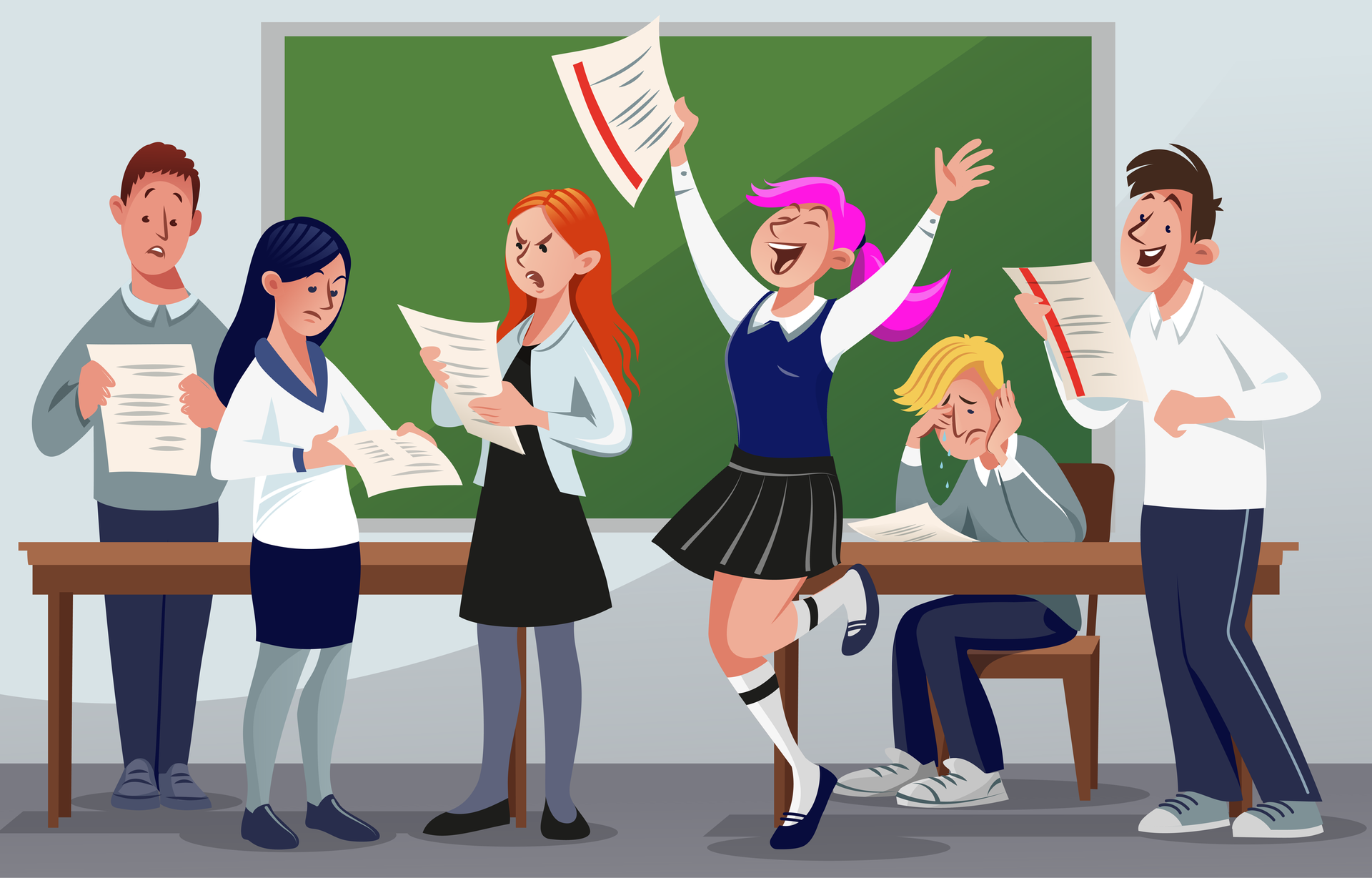 Ilustracja przedstawia sześcioro uczniów, którzy otrzymali świadectwa szkolne. Dwoje uczniów, którzy otrzymali świadectwa z czerwonym paskiem bardzo się cieszy, jeden z uczniów płacze, jedna z uczennic jest wyraźnie zła. Pozostali uczniowie sprawiają wrażenie niezbyt zadowolonych.