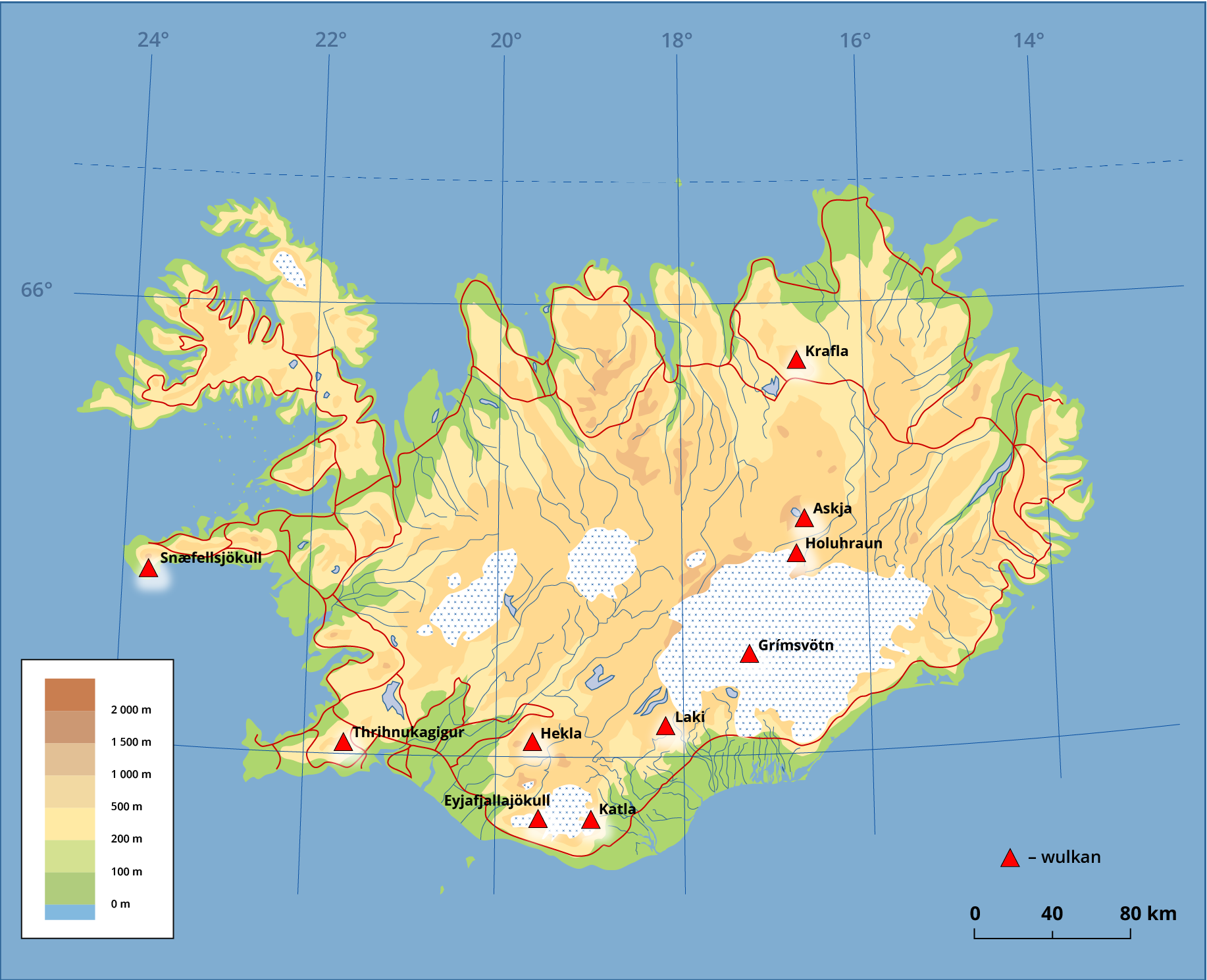 Mapa Islandii przedstawiająca jej ukształtowanie powierzchni. W prawym dolnym rogu podziałka, na której jeden odcinek to czterdzieści kilometrów. Naniesiono siatkę geograficzną co dwa stopnie. Czerwonymi trójkątami oznaczono wulkany. Łącznie zaznaczono ich dziesięć, rozmieszczone są głównie na zachodnim i południowym krańcu wyspy, da z nich w centralnej części i jeden na północy. W centralnej i południowej części wyspy znajdują się lodowce, z których spływają rzeki. Linia brzegowa zróżnicowana, o nieregularnym kształcie. 