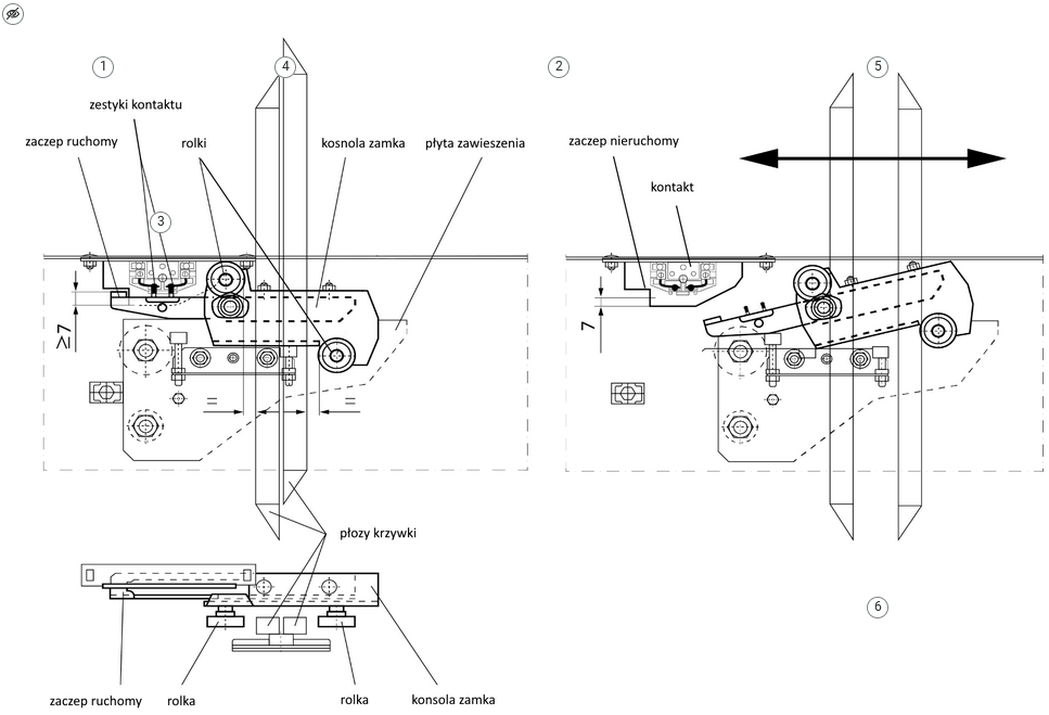 Ilustracja przedstawia przykładowy wygląd grafiki interaktywnej, która znajduje się w tym e‑materiale. Grafika dotyczy budowy i zasad działania zamka bezpieczeństwa drzwi przystankowych automatycznych w dźwigu osobowym. Na planszy widnieją okrągłe białe znaczniki z czarną cyfrą w środku.