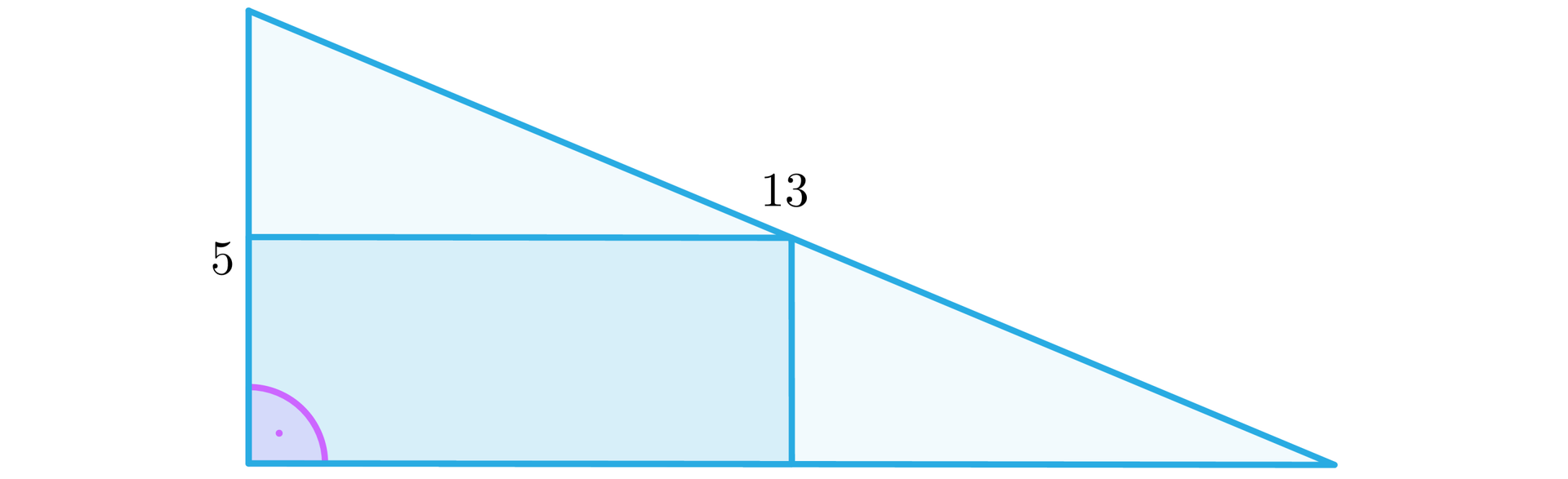 Ilustracja przedstawia trójkąt prostokątny, jego przeciwprostokątna ma długość trzynaście, jego krótsza pionowa przyprostokątna ma długość pięć. W trójkąt wpisano prostokąt, jego dwa boki leżą na przyprostokątnych, a jeden z wierzchołków leży na przeciwprostokątnej. 