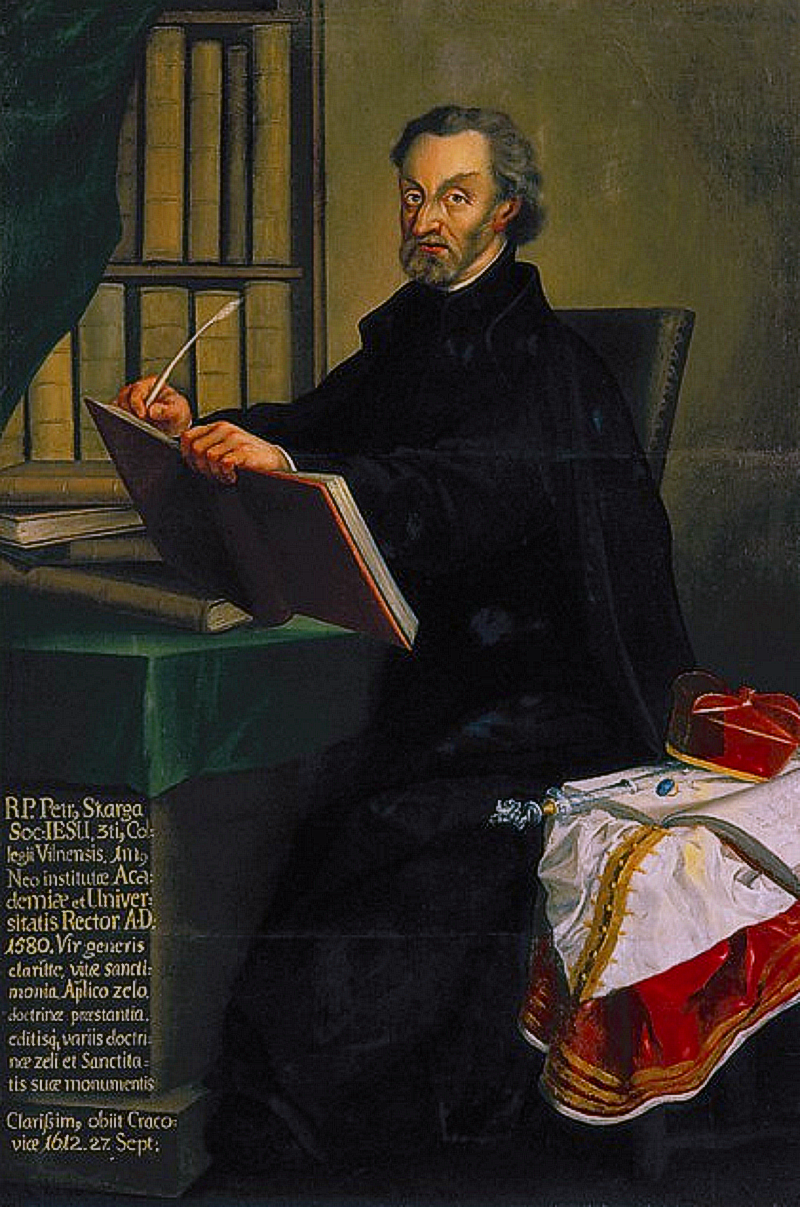 Ilustracja przedstawia mężczyznę w średnim wieku, ubranego w czarną szatę. Siedzi on przy biurku w ciemnej komnacie, w ręku trzyma księgę oraz pióro do pisania. Obok niego widoczne są atrybuty królewskie – czerwona czapka, laska biskupia oraz szata.