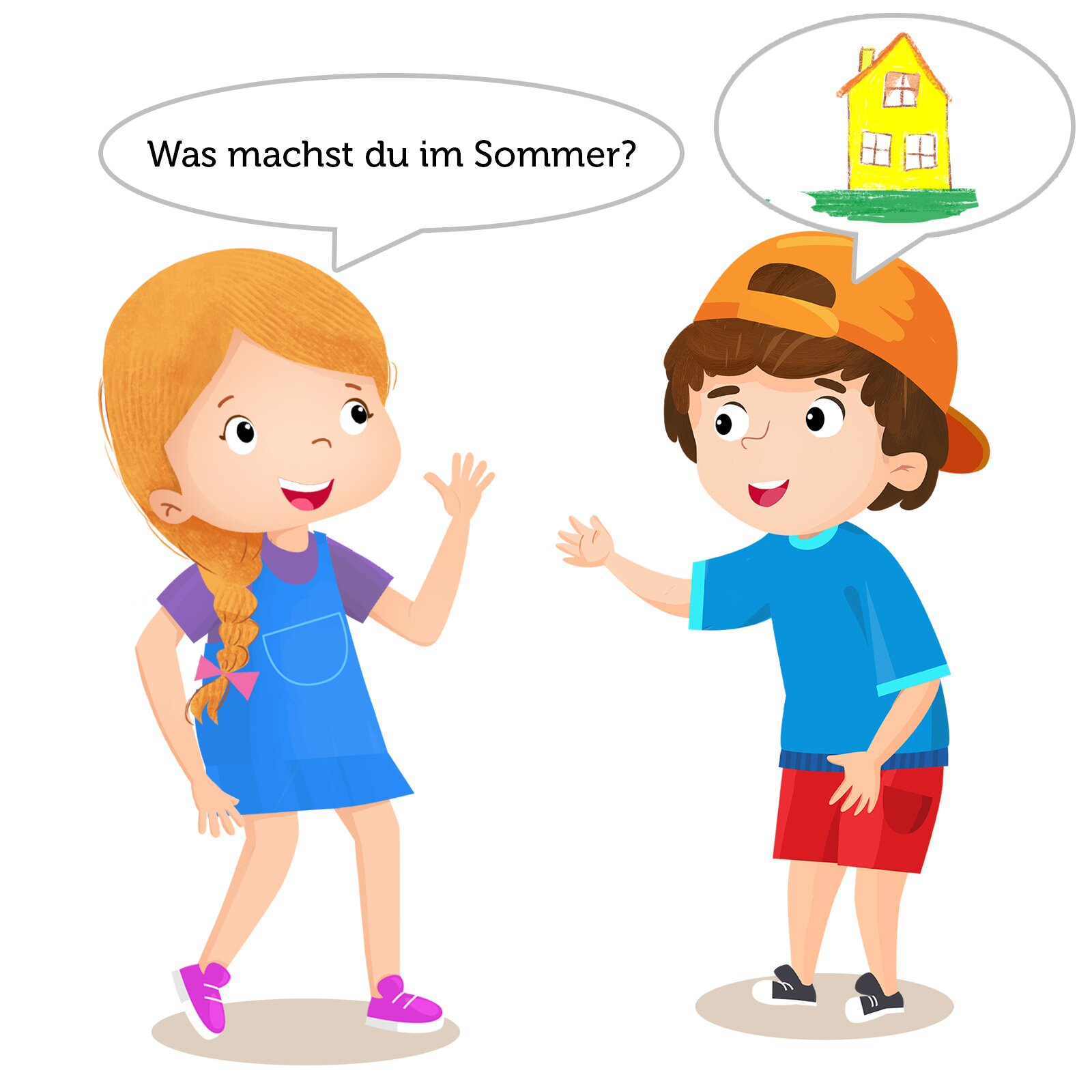 Na ilustracji znajdują się rozmawiający ze sobą dziewczynka i chłopiec. Dziewczynka pyta: Was machst du im Sommer?. Nad chłopcem znajduje się dymek z narysowanym domem.