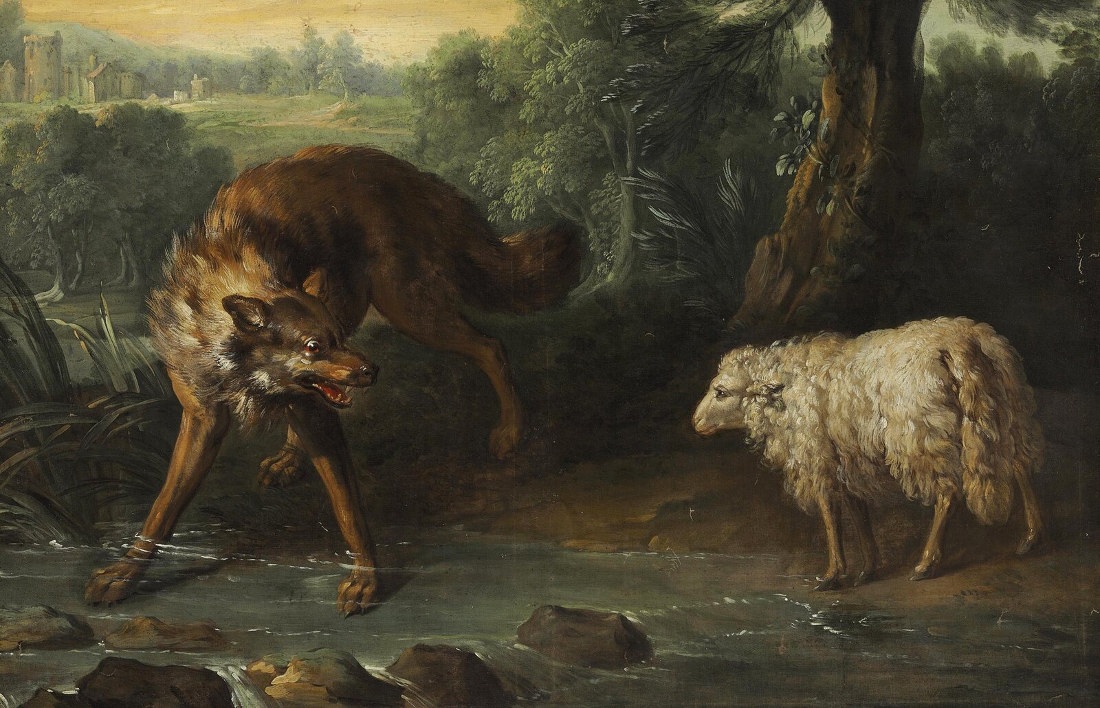 Kliknij, aby powiększyć. Obraz przedstawia wilka i owcę. Drapieżnik stoi po lewej stronie, nad brzegiem strumienia, jest ustawiony bokiem do owcy. Blokuje zwierzęciu drogę. Przednie łapy wilka zanurzone są delikatnie w wodzie, zwierzę ma otwarty pysk, widać jego ostre zęby. Kufa skierowana jest w stronę owcy. Owca stoi bezradnie po prawej stronie. W tle, tuż za zwierzętami, rosną drzewa, w oddali kolejne. Po lewej stronie na dalszym planie widoczne są pola, krzewy i zabudowania.