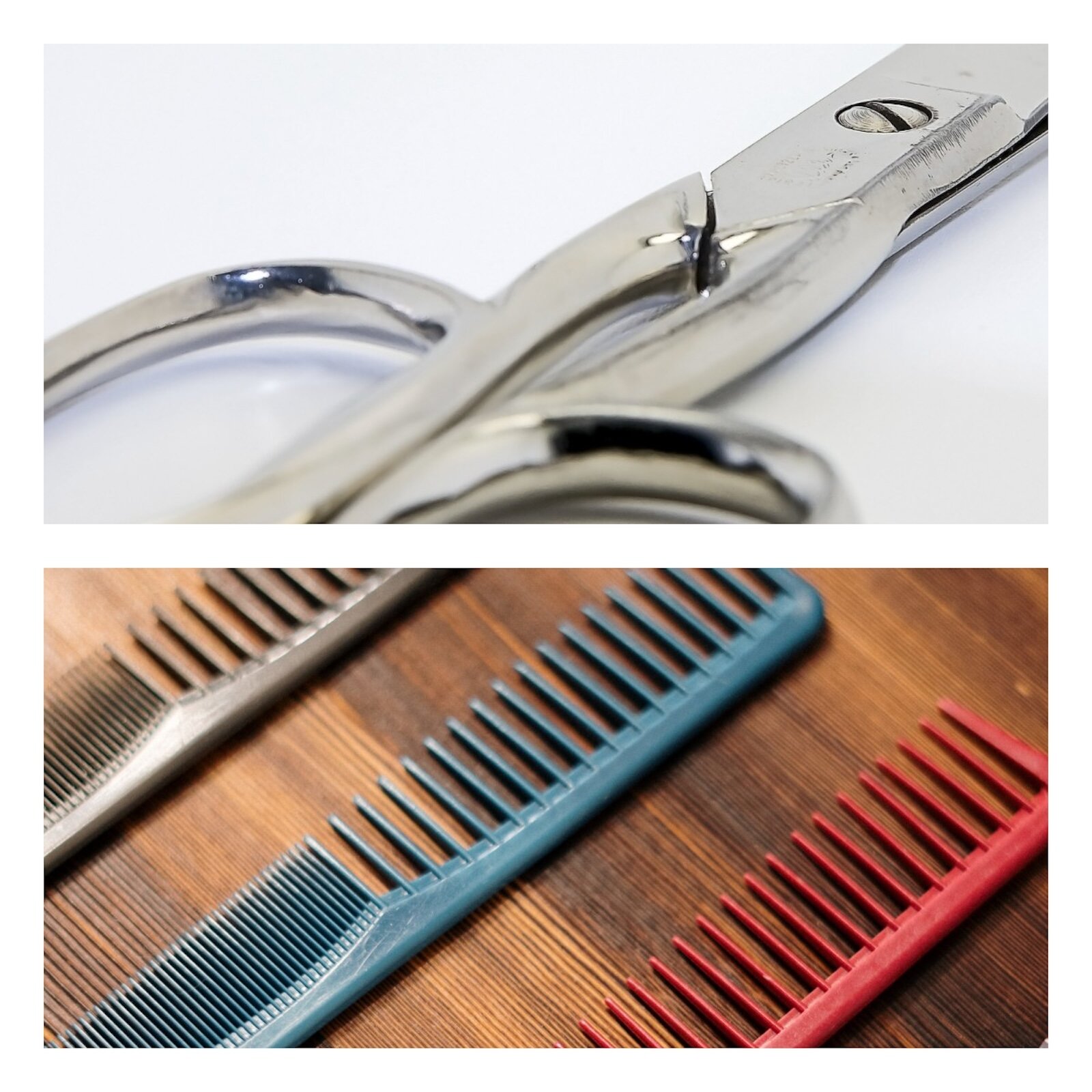 Ilustracja jest kolażem dwóch zdjęć. Na pierwszym znajdują się nożyczki, a na drugim zestaw trzech grzebieni.