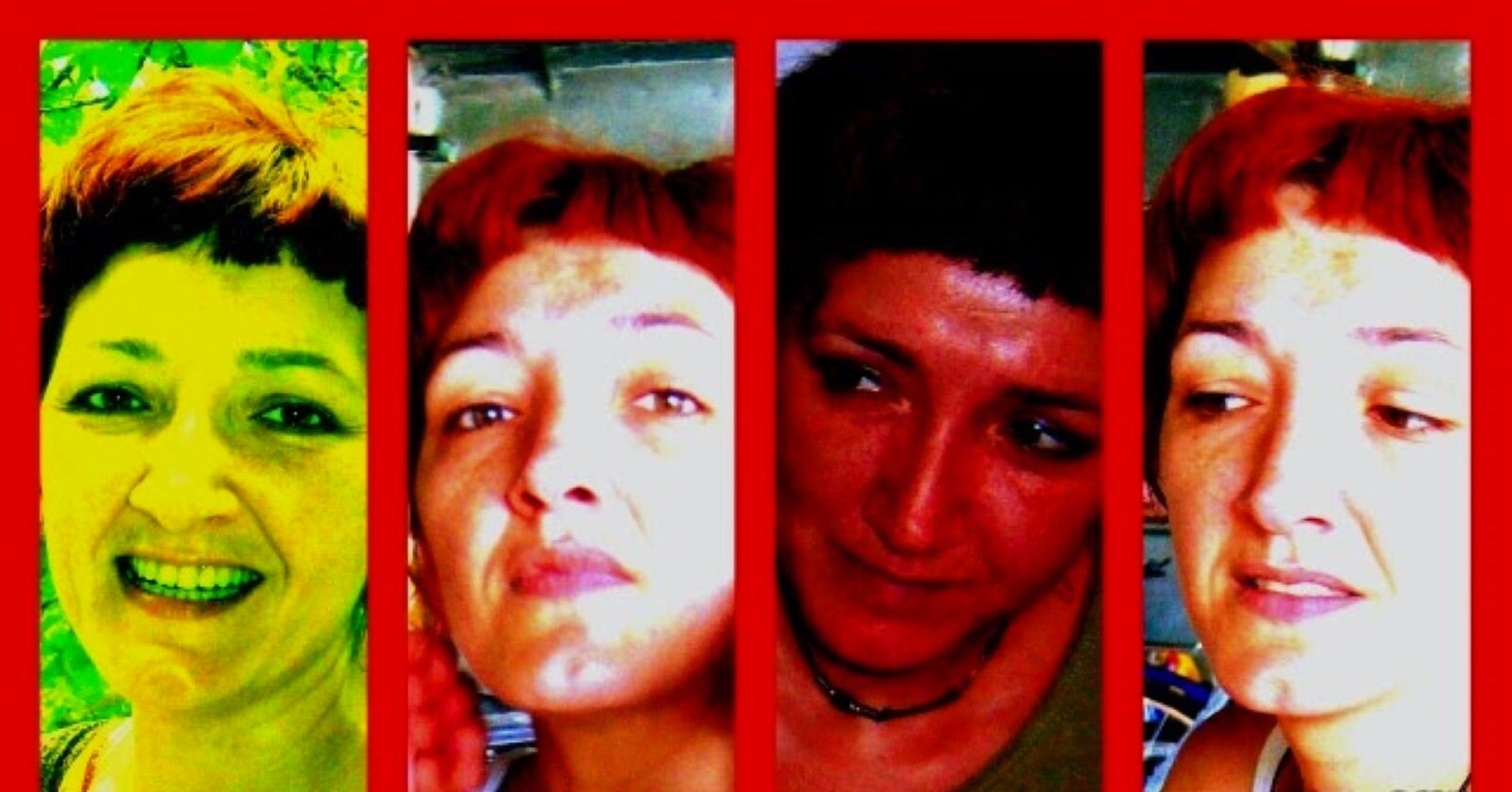 Zdjęcie przedstawia twarz kobiety - cztery razy w różnych ujęciach, wszystkie w ciepłych i gorących kolorach. 