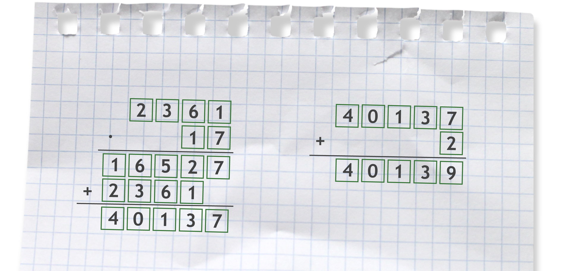Na ilustracji przedstawiono sprawdzenie dzielenia liczby 40139 przez 17 =2361 r 2. Pierwszym działaniem jest pisemne mnożenie liczby 2361 przez 17 . W pierwszym roku pomnożono liczbę 236 przez liczbę 7 i otrzymano 13527. W drugim kroku pomnożono liczbę 2361 przez liczbę 1. Wynik tego mnożenia, czyli 2361, zapisano pod poprzednim wynikiem, ale jest on przesunięty w lewą stronę o jedno miejsce. Zsumowano oba wyniki i otrzymano liczbę 40137 . Kolejnym działaniem jest pisemne dodawanie liczby 2 do liczby 40137. Dodano cyfrę 2 do cyfry jedności drugiego czynnika i otrzymano liczbę 40139 . Oznacza to, że wynik poprzedniego dzielenia jest poprawny.