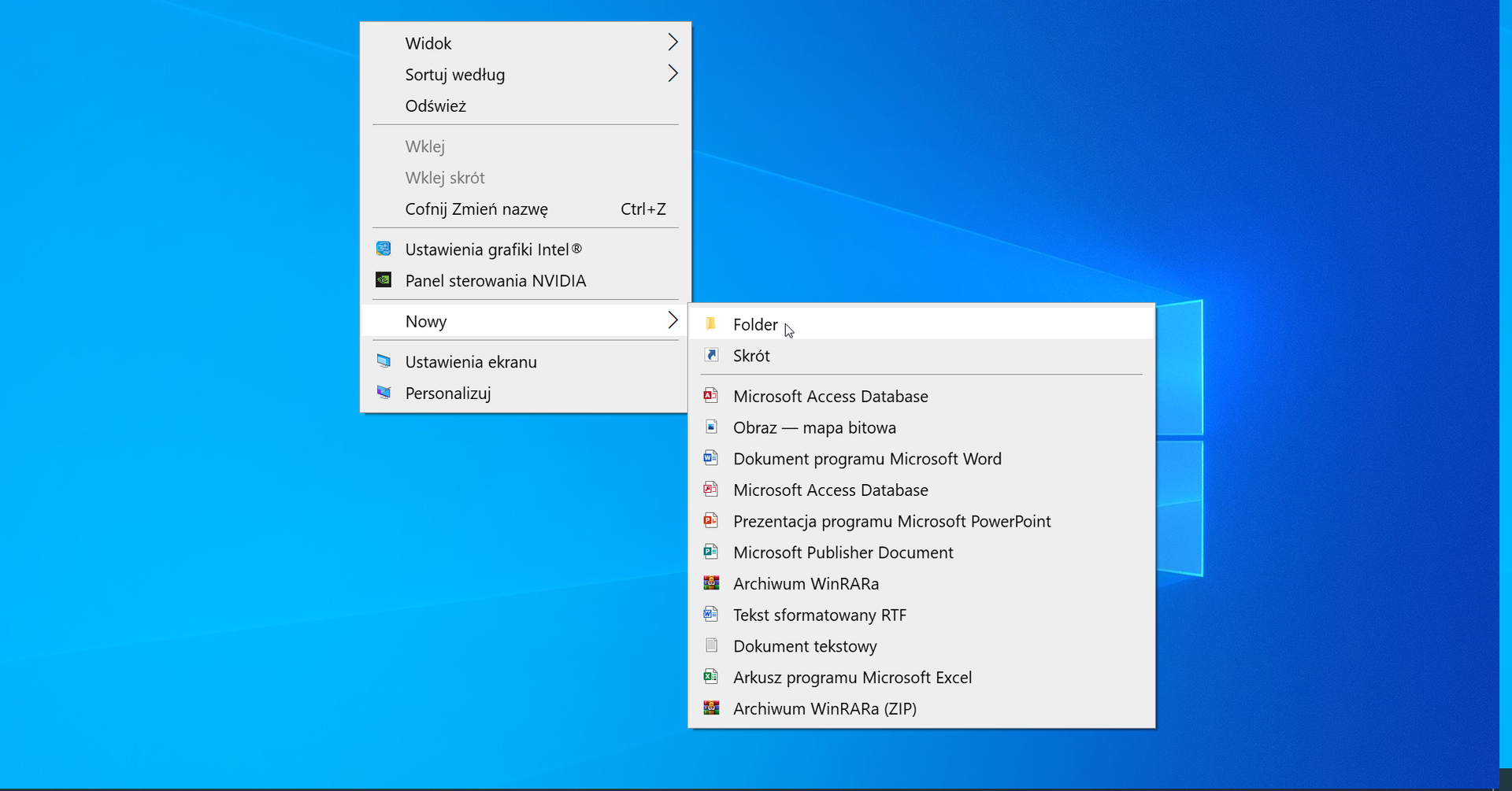 Ilustracja przedstawia menu kontekstowe. Po kliknięciu prawym przyciskiem myszy otworzyło się menu. Z listy wybrano pozycję Nowy, a następnie ustawiono kursor myszy na pozycji Folder.