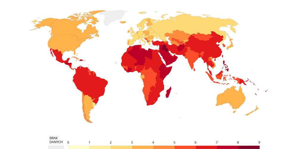 Mapa przedstawia informacje na temat zróżnicowania współczynnika dzietności na świecie (1950). Największa występuje w krajach afrykańskich, północnej część Południowej Ameryki, oraz południowej części Azji.  Najmniejsza natomiast w Europie i Rosji.