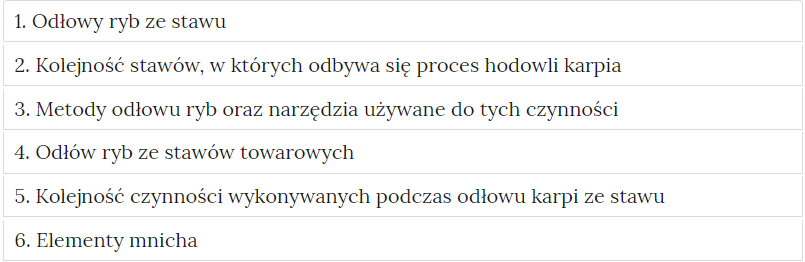 Zdjęcie przedstawia przykładowy wygląd zakładek zawierających interaktywne materiały sprawdzające. Składają się one z prostokątnych paneli umieszczonych jeden pod drugim. Każdy panel posiada numer oraz tytuł, który nawiązuje do zawartego w nim zadania.