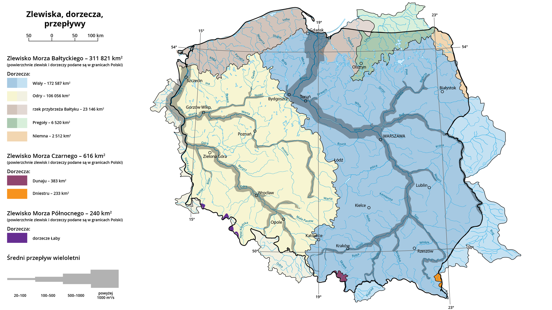 Mapę podzielono na zlewiska Morza Bałtyckiego - 311 821 kilometrów kwadratowych, dorzecza Wisły - 172 587 kilometrów kwadratowych, Odry - 106 056 kilometrów kwadratowych, Niemna - 2512 kilometrów kwadratowych, rzek przybrzeża Bałtyku 23 146 kilometrów kwadratowych, Pregoły 6520 kilometrów kwadratowych. Dorzecze Wisły zajmuje wschodnią połowę Polski, na zachodzie obejmuje Gdańsk, Toruń, Łódź, Katowice. Dorzecze Odry obejmuje obszar przylegający do dorzecza Wisły, tym samym zachodnią połowę kraju. Dorzecze Niemna obejmuje wschodnią część województwa podlaskiego. Dorzecze Pregoły północne obszary województwa warmińsko-mazurskiego, Dorzecze rzek przybrzeża Bałtyku północne obszary województw zachodniopomorskiego i pomorskiego. Zaznaczono także zlewisko Morza Czarnego 616 kilometrów kwadratowych. Dorzecza Dunaju 383 kilometry kwadratowe i Dniestru 233 kilometry kwadratowe. Dorzecze Dniestru - na mapie Polski zaznaczono niewielki obszar na południu województwa podkarpackiego. Dorzecze Dunaju: na mapie zaznaczono niewielki obszar na południu województwa małopolskiego. Zlewisko Morza Północnego 240 kilometrów kwadratowych (powierzchnie zlewisk i dorzeczy podane są w granicach Polski).Do dorzecza Łaby należą niewielkie fragmenty terytorium Polski, położone w Sudetach Zachodnich i Środkowych. Na mapie zaznaczono średni przepływ wieloletni. Przepływ powyżej 1000 metrów sześciennych na sekundę: ujście Wisły. Duży przepływ od 500 do 1000 metrów sześciennych na sekundę to odcinek Wisły od Warszawy do Gdańska. Na Odrze przepływ od 500 do 1000 metrów sześciennych na sekundę występuje na odcinku od Gorzowa Wielkopolskiego do ujścia Odry powyżej Szczecina. Na pozostałych odcinkach Wisły i Odry oraz innych rzek przepływy są mniejsze.         