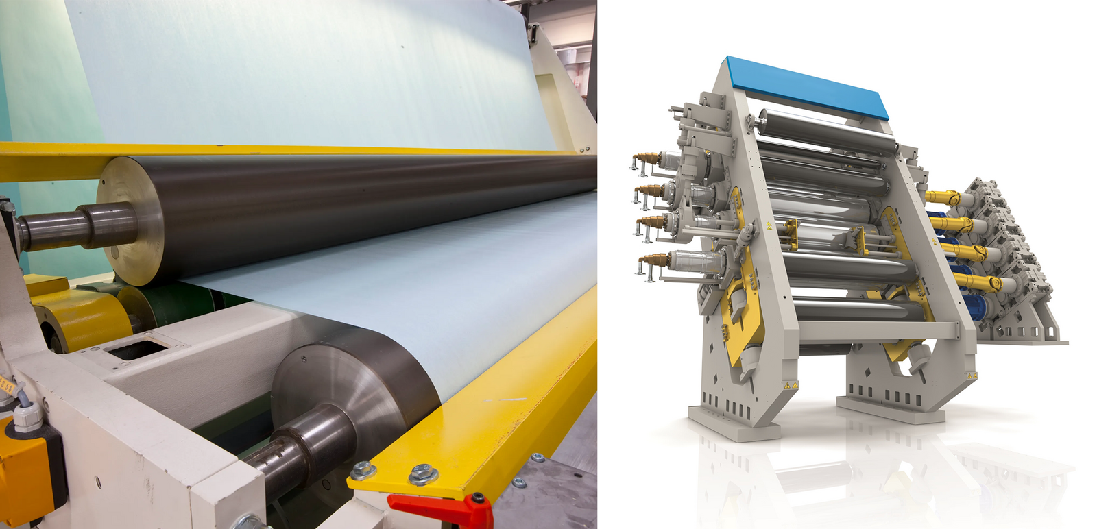 Zdjęcie przedstawia kalander. Jest to duże urządzenie składające się z obrotowych walców, na które nawijany jest papier. Po lewej umieszczone zostało zbliżenie na mechanizm działania walców. Natomiast po prawej znajduje się perspektywa obejmująca całą maszynę.