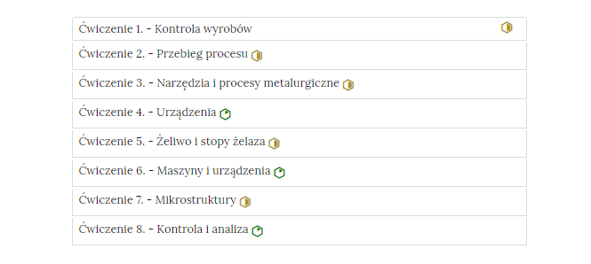 Zdjęcie przedstawia przykładowy wygląd zakładek zawierających interaktywne materiały sprawdzające. Składają się one z prostokątnych paneli umieszczonych jeden pod drugim. Każdy panel posiada numer oraz tytuł, który nawiązuje do zawartego w nim zadania.