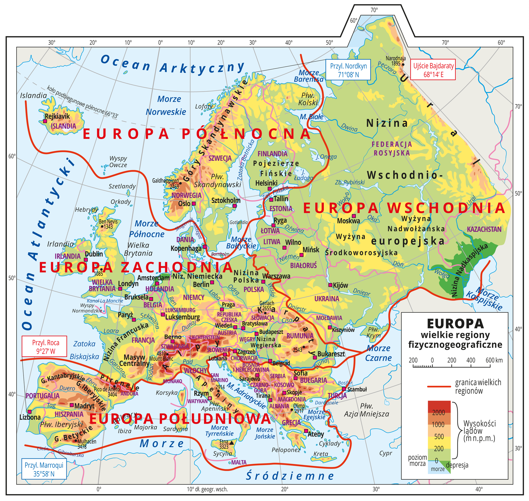 Ilustracja przedstawia mapę hipsometryczną Europy. W obrębie lądów występują obszary w kolorze zielonym, żółtym, pomarańczowym i czerwonym. Wody zaznaczono kolorem niebieskim. Na mapie opisano nazwy półwyspów, wysp, nizin, wyżyn i pasm górskich, mórz, zatok, rzek i jezior. Oznaczono i opisano główne miasta. Oznaczono czarnymi kropkami i opisano szczyty górskie. Mapa pokryta jest równoleżnikami i południkami. Podano współrzędne geograficzne skrajnych punktów: zachód – Przylądek Roca 9 stopni 27 minut długości geograficznej zachodniej, południe – Przylądek Marroqui 35 stopni 58 minut szerokości geograficznej północnej, północ – Przylądek Nordkyn 71 stopni 08 minut szerokości geograficznej północnej, wschód – ujście Bajdaraty 68 stopni 14 minut długości geograficznej wschodniej. Czerwonymi liniami oddzielono wielkie regiony fizycznogeograficzne: Europa Północna, Europa Zachodnia, Europa Południowa, Europa Wschodnia. Mapa zawiera południki i równoleżniki, dookoła niej w białej ramce opisano współrzędne geograficzne co dziesięć stopni. Na mapie również zaznaczono kolorem różowym granice państw. 