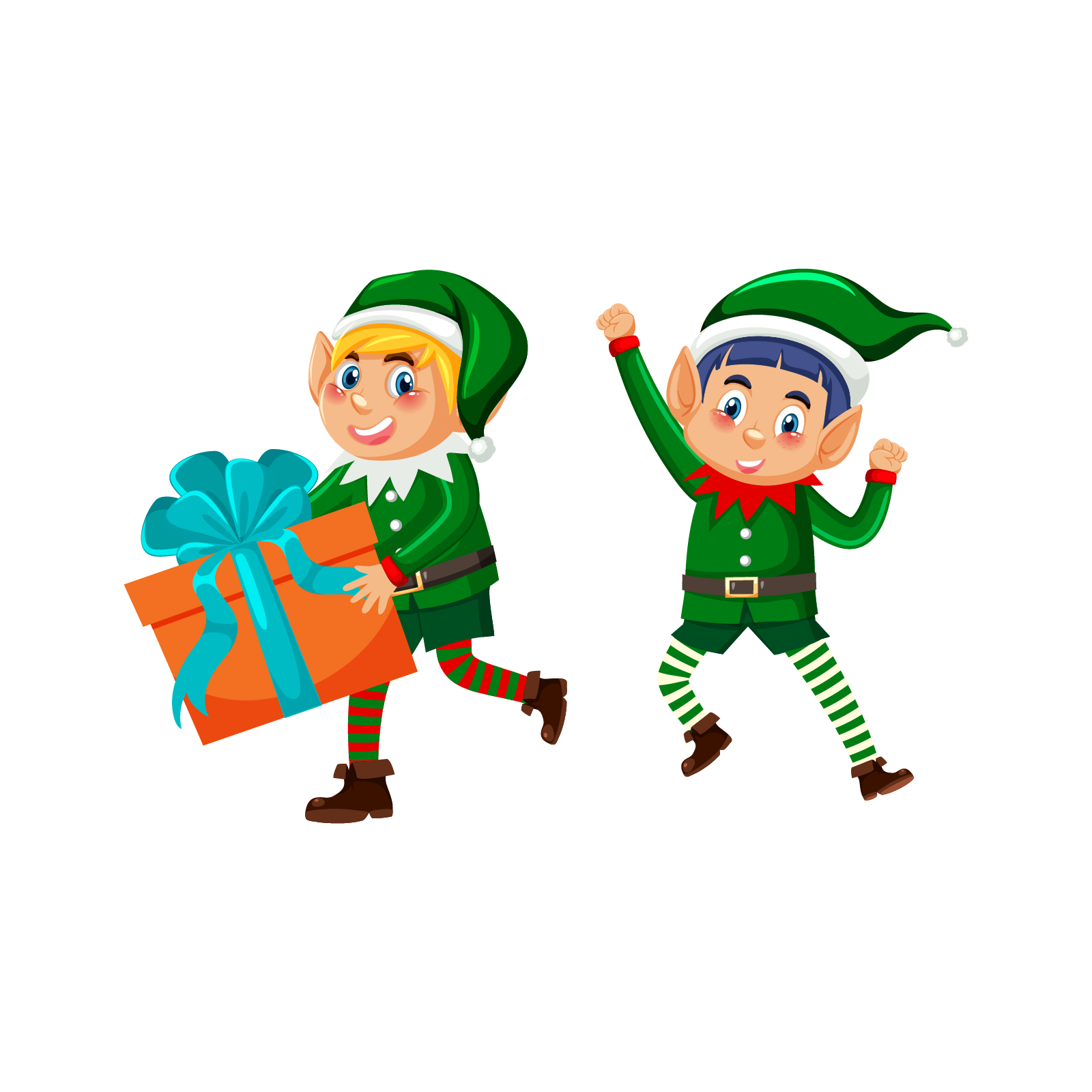 Ilustracja przedstawia dwa elfy w zielonych kubraczkach. Na głowach mają zielone czapki z pomponikami. Jeden z elfów cieszy się podnosząc obie ręce w górę. Drugi z elfów trzyma w dłoniach pomarańczowy prezent z niebieską wstążką i kokardą. Elfy mają rajstopy w kolorowe paski.