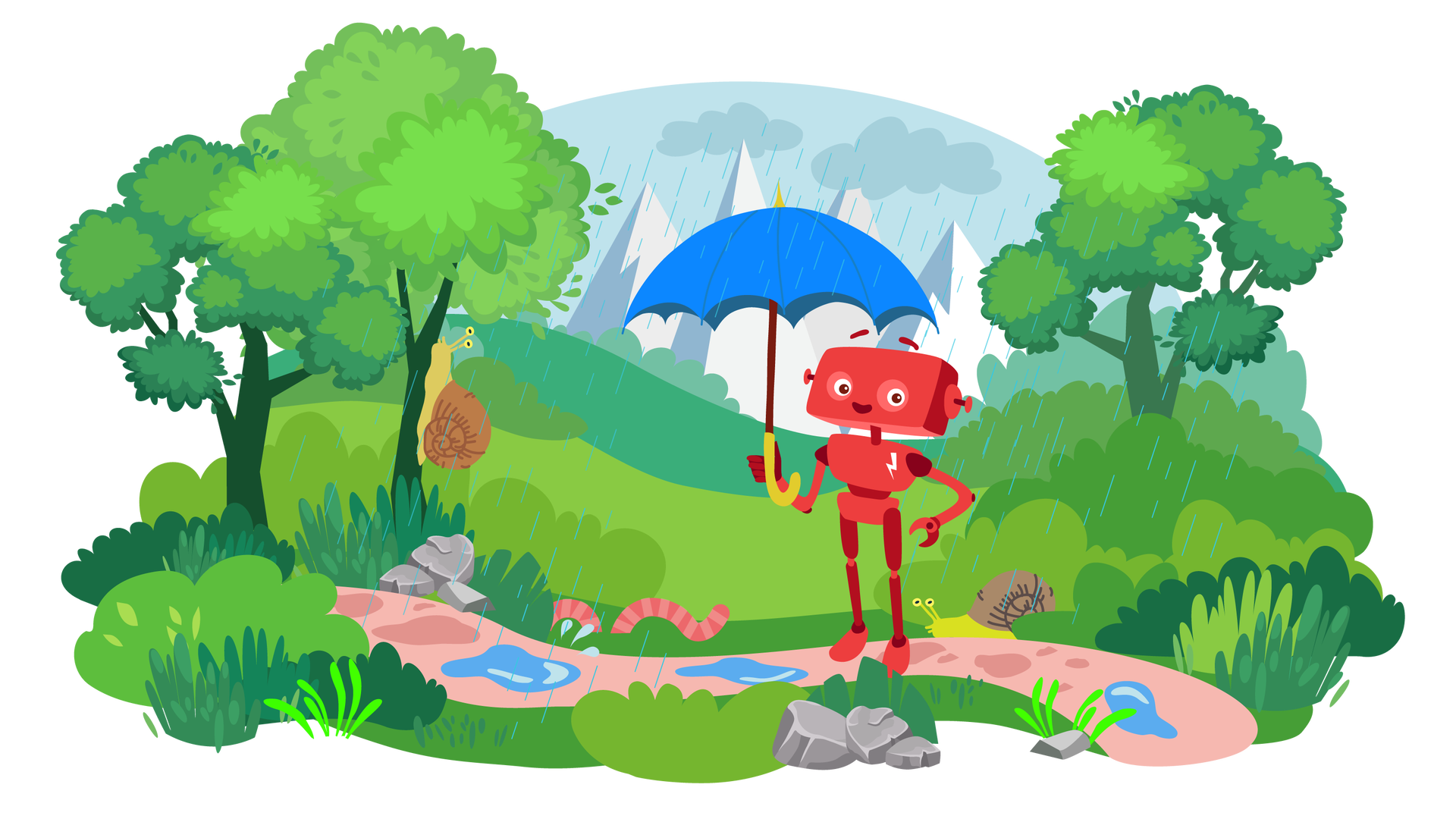 Ilustracja przedstawia krajobraz górski. W tle widać wysokie góry i niebieskoszare niebo z szarymi chmurami, z których pada deszcz. W centralnej części ilustracji znajduje się pagórkowaty teren porośnięty trawą, zielonymi krzewami i kilkoma drzewami liściastymi. Po jednym z drzew, znajdującym się po lewej stronie polany, wspina się duży ślimak o brązowej muszli. Drugi ślimak wychodzi zza krzewów widocznych po prawej stronie ilustracji. Po trawie, na lewo od drugiego ślimaka, pełznie różowa dżdżownica. Na pierwszym planie znajduje się ścieżka, dookoła której leży kilka szarych kamieni. Na ścieżce są trzy kałuże, pomiędzy którymi stoi uśmiechnięty Zgrzytek. Jest to czerwony robot o prostokątnej głowie z krótkimi antenkami zamiast uszu, dwiema rękami i dwiema nogami. Na przedniej części jego tułowia widnieje biały znaczek w postaci błyskawicy. Zgrzytek w prawej ręce trzyma rozłożony nad swoją głową niebieski parasol.