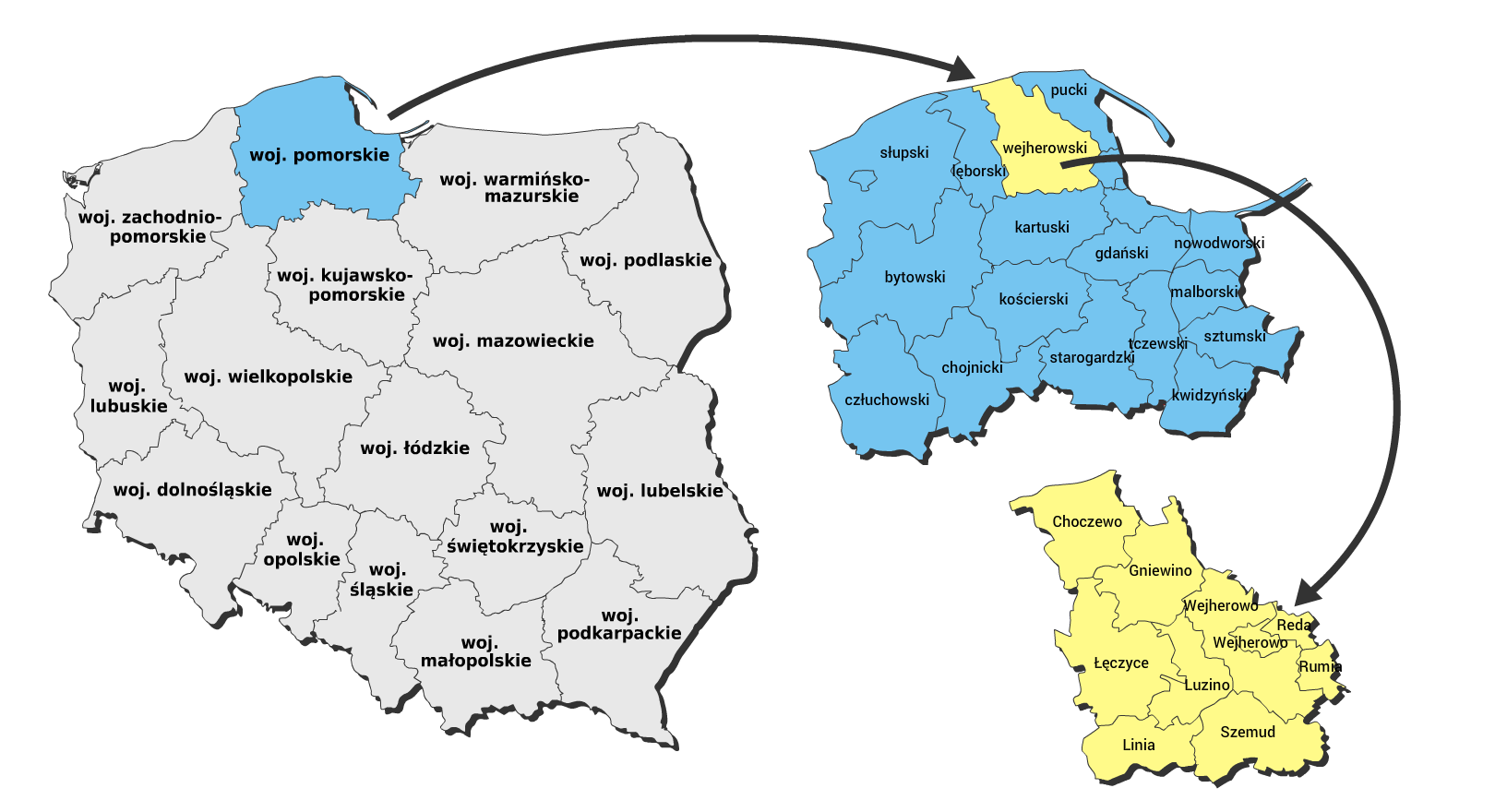 Ilustracja przedstawia konturową mapę Polski z podziałem na województwa oraz z podziałem na powiaty i gminy na terenie jednego województwa