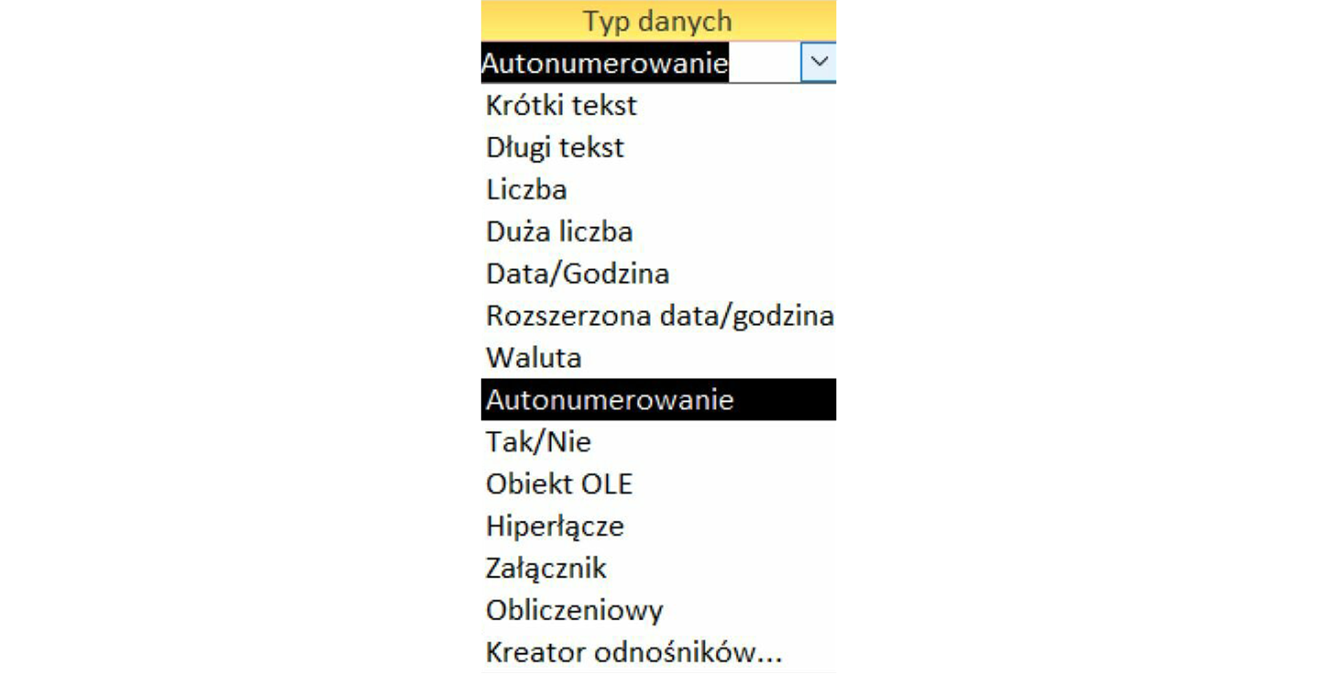 Zrzut przedstawia rozwiniętą listę. Nagłówek: "Typ danych". Z listy wybrano opcję "Autonumerowanie". Pozostałe opcje z listy to kolejno od góry: 1. Krótki tekst, 2. Długi tekst, 3. Liczba, 4. Duża liczba, 5. Data/Godzina, 6. Rozszerzona data/godzina, 7. Waluta, 8. Autonumerowanie, 9. Tak/Nie, 10. Obiekt OLE, 11. Hiperłącze, 12. Załącznik, 13. Obliczeniowy, 14. Kreator odnośników...