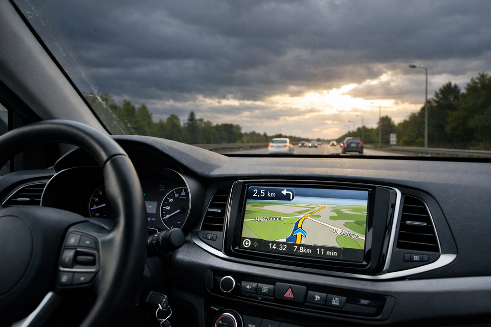 Na zdjęciu widoczne jest wnętrze samochodu - od lewej kierownica, następnie wbudowany ekran odbiornika GPS do nawigacji samochodowej.  Za przednią szybą samochodową widać zachód słońca.