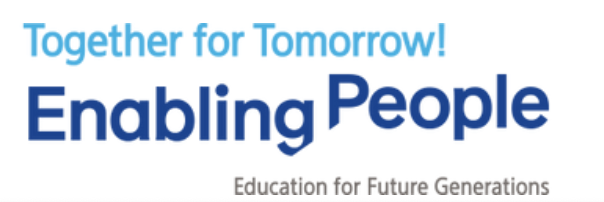 Napis w języku angielskim, na białym tle, litery w odcieniach koloru niebieskiego: "Together for Tomorrow! Enabling People. Education for Generations. "Razem dla Jutra! Pomagamy ludziom. Edukacja dla pokoleń."
