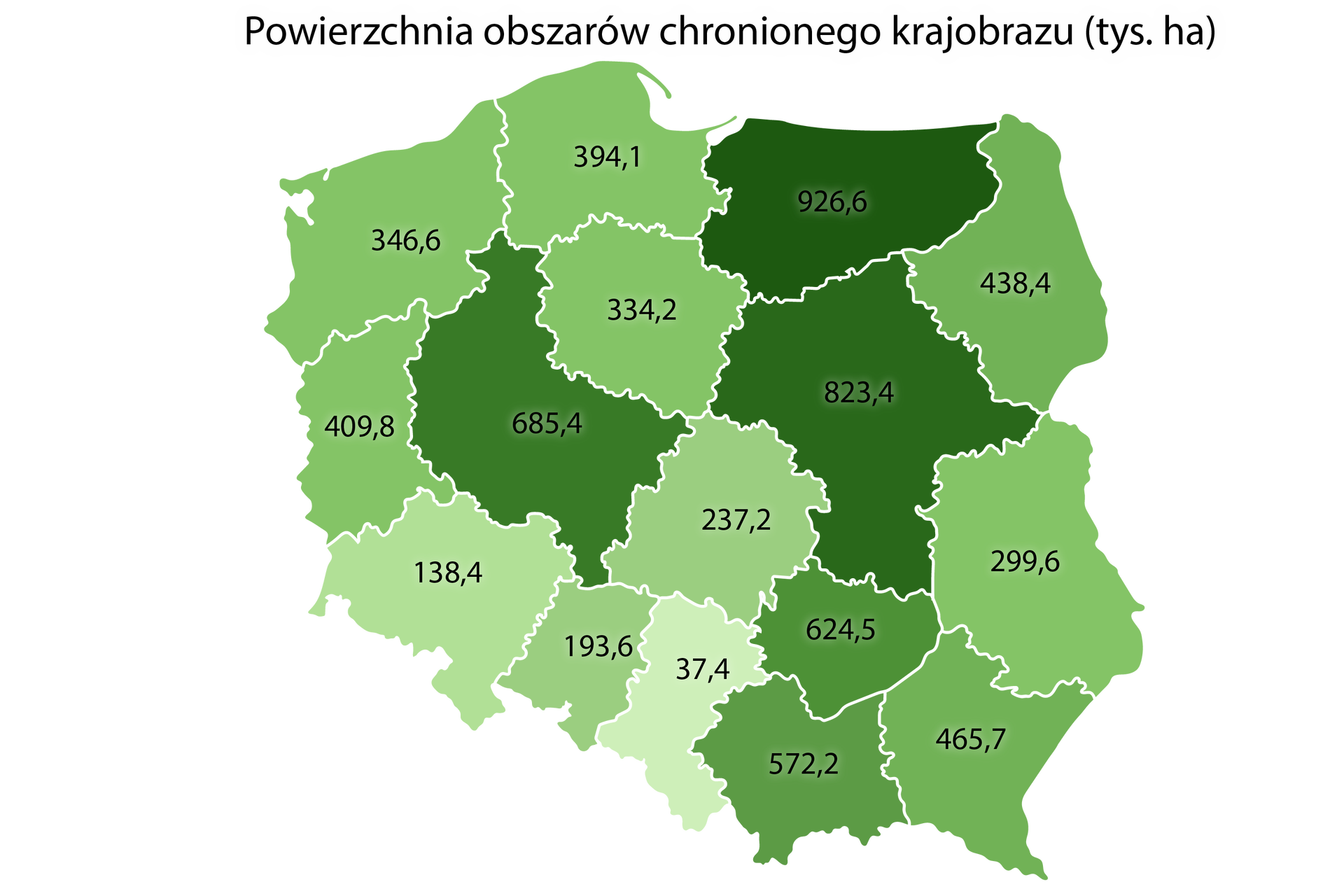 Mapa Polski z podziałem na województwa prezentująca powierzchnię obszarów chronionego krajobrazu wyrażoną w tysiącach hektarów.
Województwo zachodniopomorskie 346,6;
pomorskie 394,1;
warmińsko‑mazurskie 926,6;
podlaskie 438,4;
mazowieckie 823,4;
kujawsko‑pomorskie 334,2;
wielkopolskie 685,4;
lubuskie 409,8;
dolnośląskie 138,4;
opolskie 193,6;
śląskie 37,4;
łódzkie 237,2;
świętokrzyskie 624,5;
małopolskie 572,2;
podkarpackie 465,7.
