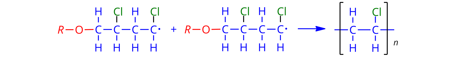 Ilustracja przedstawia ostatni etap reakcji polimeryzacji: terminację. Reagują dwie cząsteczki rodnika o identycznej budowie: na czerwono zaznaczone R połączone wiązaniem pojedynczym z atomem tlenu połączone z zaznaczonymi na niebiesko: atom węgla z dwoma atomami wodoru, wiązanie pojedyncze atom węgla z jednym atomem wodoru i zaznaczonym na zielono atomem chloru, wiązanie pojedyncze atom węgla z dwoma atomami wodoru, wiązanie pojedyncze atom węgla, posiadający niesparowany elektron,  z jednym atomem wodoru i zaznaczonym na zielono atomem chloru. W wyniku reakcji powstaje polimer, którego wzór znajduje się w nawiasie kwadratowym. Wewnątrz nawiasu znajduje się cząsteczka zbudowana z atomu węgla z dwoma atomami wodoru, połączona wiązaniem pojedynczym z atomem węgla z jednym atomem wodoru i zaznaczonym na zielono atomem chloru. Od atomów węgla odchodzą na zewnątrz wiązania pojedyncze. Nawias kwadratowy przecina te wiązania. W indeksie dolnym nawiasu umieszczono literę n.