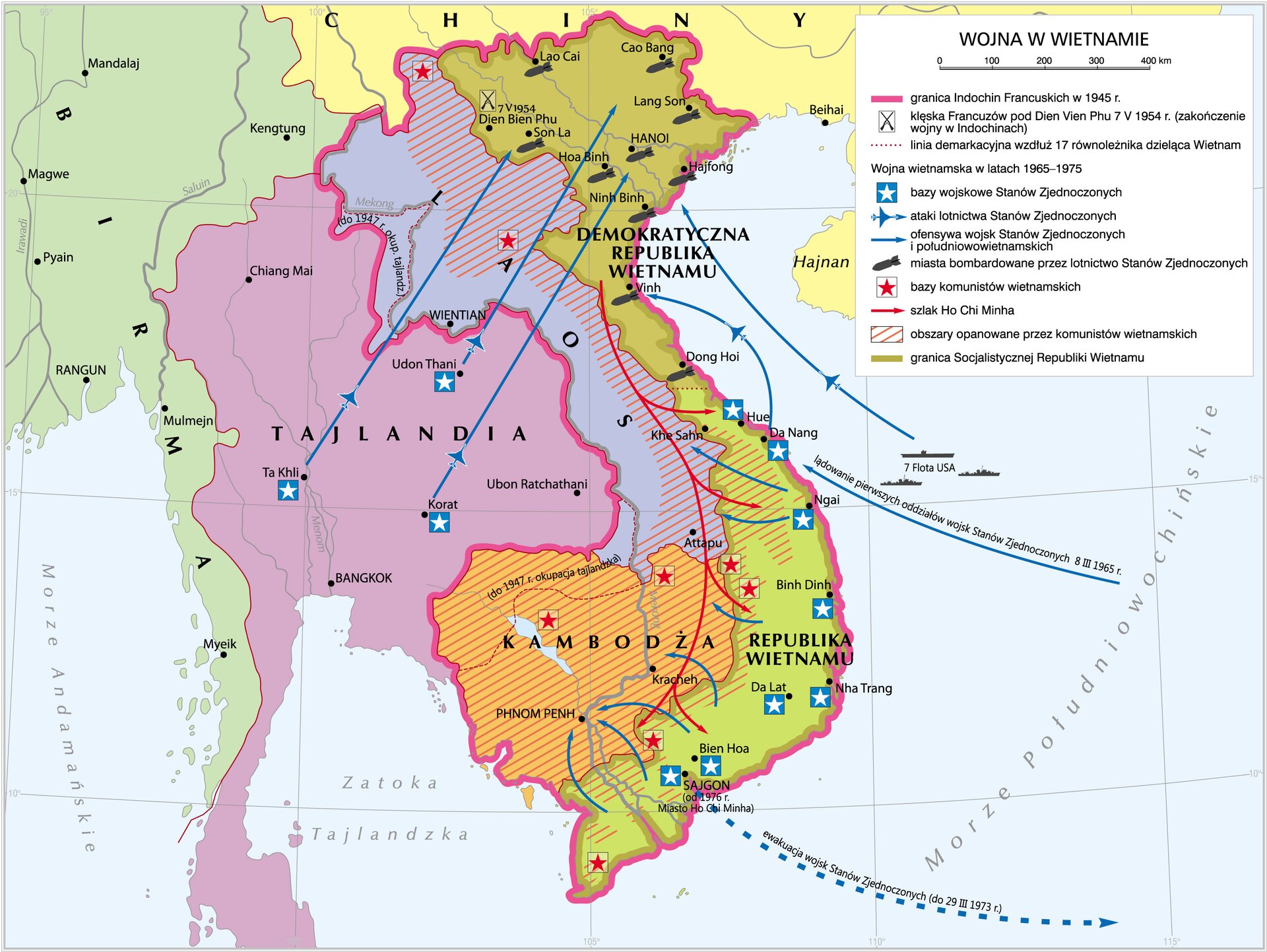 Mapa - Wojna w Wietnamie. mapa przedstawia Indochiny w okresie wojny w Wietnanie w latach 60 tych XX wieku. na mapie zaznaczono Wietnam, Laos, Kambodżę i Tajlandię. Zaznaczono szlak Hoschi Minha.