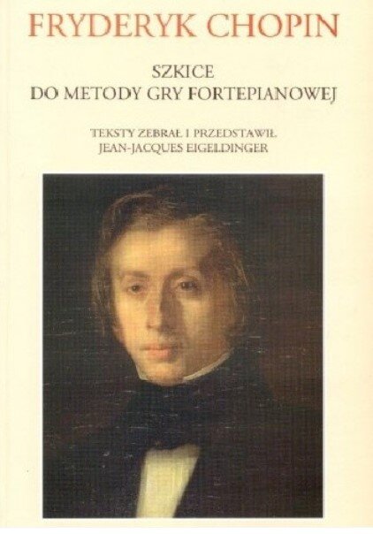 Ilustracja przedstawia pierwszą stronę dzieła "Fryderyk Chopin. Szkice do Metody gry fortepianowej". Teksty zebrał i przedstawił Jean‑Jacques Eigeldinger. W centralnej części okładki popiersie Fryderyka Chopina.