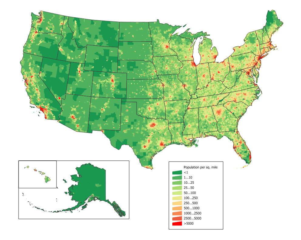 Mapa przedstawiająca zagęszczenie ludności w USA. Najbardziej zaludnione są stany na wschodnim i zachodnim wybrzeżu. W centrum USA widać nieliczne gęste zaludnienie, które skupia się jedynie wokół dużych miast stanowych.