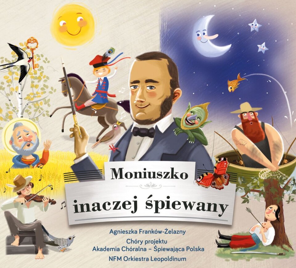 INa środku ilustracji znajduje się mężczyznę ubranego w niebieską marynarkę, białą koszulę oraz czarną muszkę na szyi. Mężczyzna w prawej dłoni trzyma batutę. Na lewym ramieniu mężczyzny znajduje się zielony skrzat opierający o niego głowę. Na prawym ramieniu znajduje się brązowy ptak. Na środku pod mężczyzną znajduje się tytuł albumu muzycznego oraz dane autora. W lewym górnym rogu znajduje się słońce oświetlające połowę obrazka. Pod słońcem znajduje się chłopiec na koniu, żółte drzewo, na którym znajduje się jaskółka trzymająca w dziobie złoty klucz, starszy mężczyzna mający aureolę na głowię oraz w lewym dolnym rogu siedzący chłopiec w kapeluszu grający na skrzypcach. W prawym górnym rogu znajduje się księżyc oraz dwie gwiazdki. W tle prawego górnego rogu znajduję się nocne niebo. W prawym dolnym rogu znajdują się mężczyzna w łódce nad którym znajduje się złota rybka oraz mężczyzna opierający się o drzewo ze strzałą wbitą w serce.