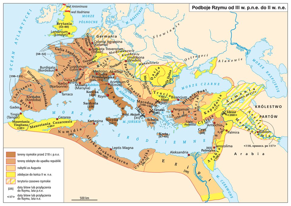 Mapa przedstawia podboje Rzymu od trzeciego wieku przed naszą erą do drugiego wieku naszej ery. Wskazane są: 1. Tereny rzymskie przed 218 rokiem przed naszą erą: Galia Przedalpejska, Italia, Korsyka, Sardynia, Sycylia. 2. Tereny zdobyte do upadku republiki: Luzytania, Betyka Hiszpania Tarrakońska (lata przyłączenia do Rzymu 198‑133), Akwitania, Galia Lugduńska, Galia Belgijska, Germania Dolna (lata 58‑52), Galia Narbońska (rok 121), Dalmacja (rok 172), Macedonia (lata 168‑148), Epir (rok 146), Azja (lata 133‑103), Bitynia‑Pont (lata 74‑65), Galacja (rok 25), Syria (rok 63), Cyranajka (lata 96‑74), Afryka Prokonsularna (146‑105), Numidia (rok 46). 3. Nabytki za Augusta: północna Hiszpania, Recja (rok 15), Panonia (rok 12), Mezja Górna (29), Egipt (rok 30). 4. Zdobycze do końca drugiego wieku naszej ery: Brytania (lata 43‑80), Germania Górna, Dacja (rok 106), Mezja Dolna (rok 29), Tracja (rok 46), Kapadocja (rok 17), Arabia (rok 106), Mauretania Tingitana (rok 40), Mauretania Cezarensis (rok 40). 5. Terytoria czasowo rzymskie: Szkocja (między wałem Antoniusa a wałem Hadriana), Markomanowie, Kwadowie, Armenia (114 rok, opuszczona po 117 roku), Asyria, Mezopotamia. 6. Daty bitew: Akcjum (31 rok), Farsalos (rok 46), Filippi (rok 42), Edessa (rok 260).