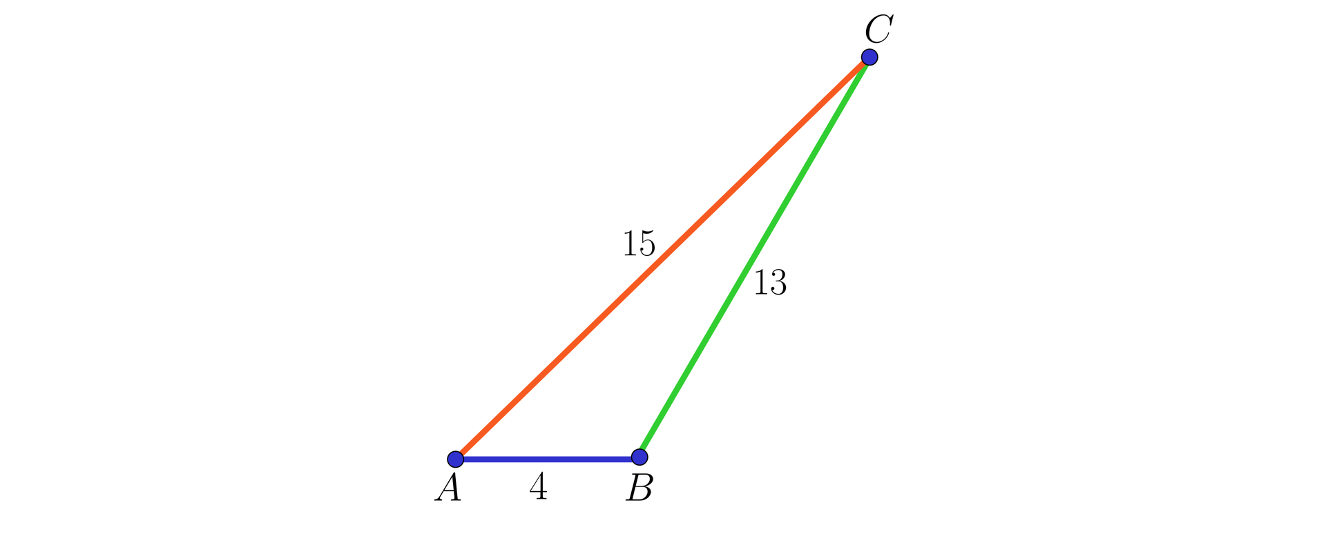 Ilustracja przedstawia trójkąt A B C. Bok AB ma długość 4, bok AC ma długość 15, a bok BC ma długość trzynaście.