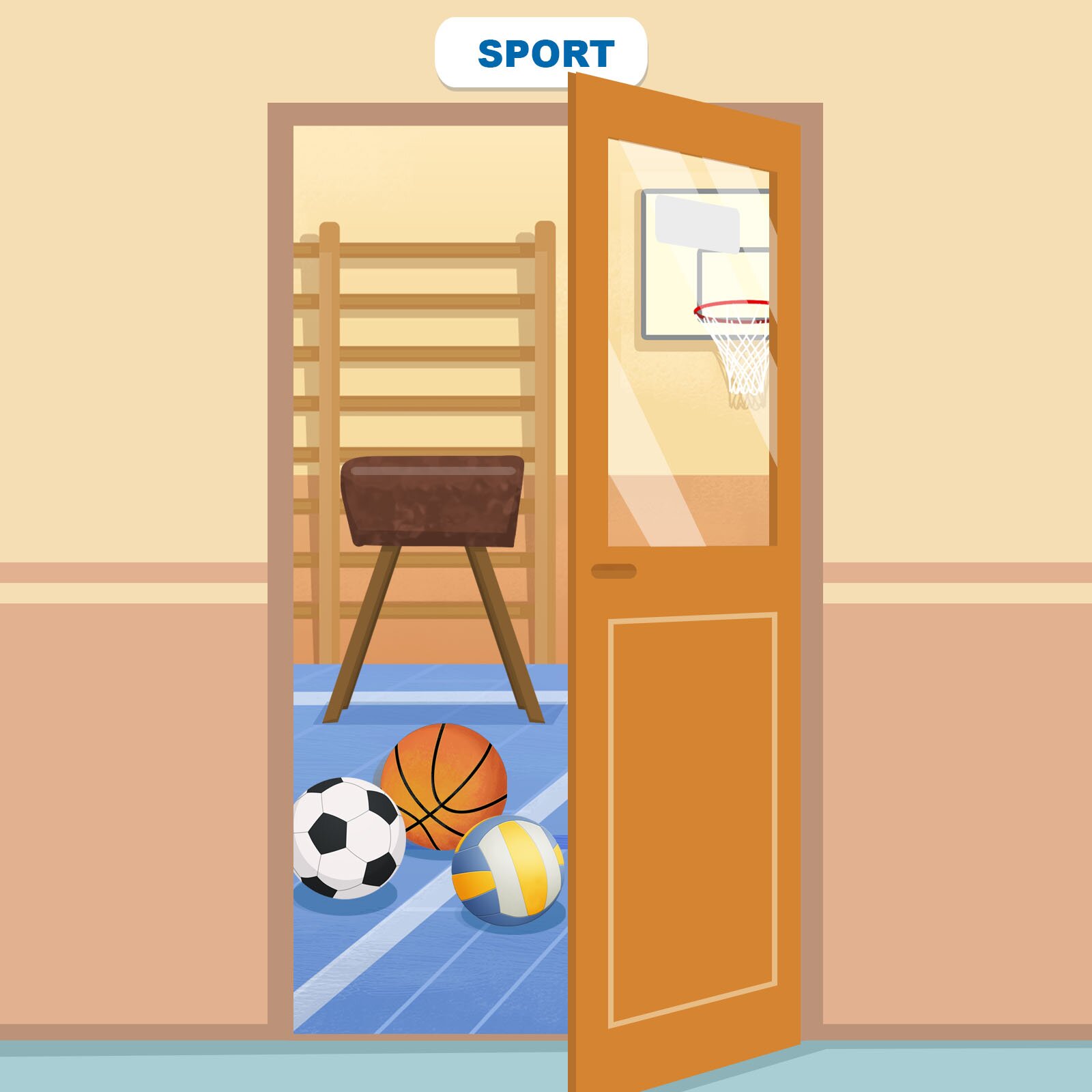 Ilustracja przedstawia salę gimnastyczną. Widoczne są drabinki, piłki i kozioł.
