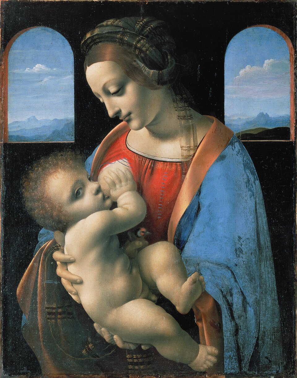 Praca autorstwa Leonardo da Vinci pod tytułem „Madonna Litta”. Dzieło prezentuje Madonnę trzymającą na dłoniach małe dziecko. Madonna została sportretowana jako młoda kobieta o długich brązowych włosach, które zostały ukryte pod chustą. Ubrana jest w czerwoną suknię oraz niebieską pelerynę okrywającą jej ramiona. Na dłoniach trzyma małego nagiego Jezusa, którego karmi piersią. 